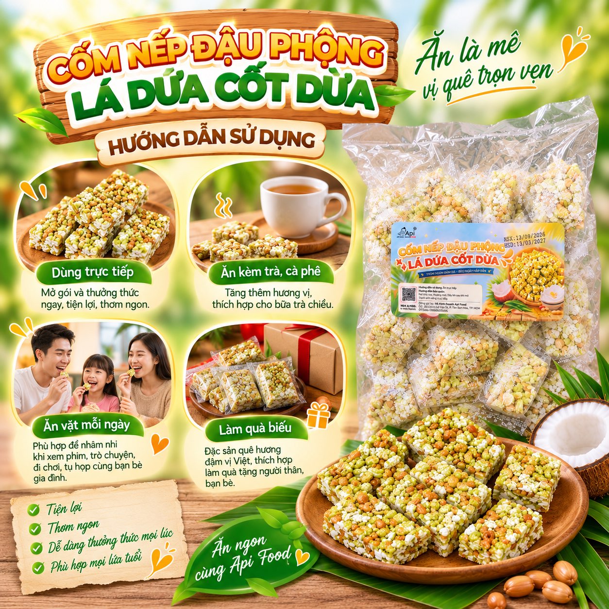 Cốm Nếp Đậu Phộng Lá Dứa Cốt Dừa 500gr