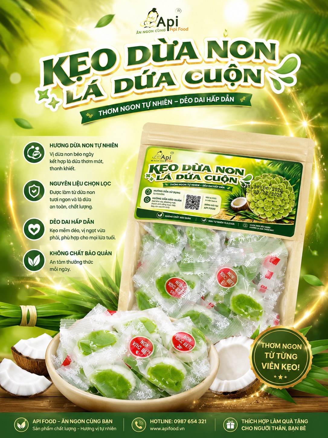 Kẹo Dừa Sáp Non Cuộn Vị Lá Dứa 500gr - Dẻo Mềm, Thơm Ngon Khó Cưỡng