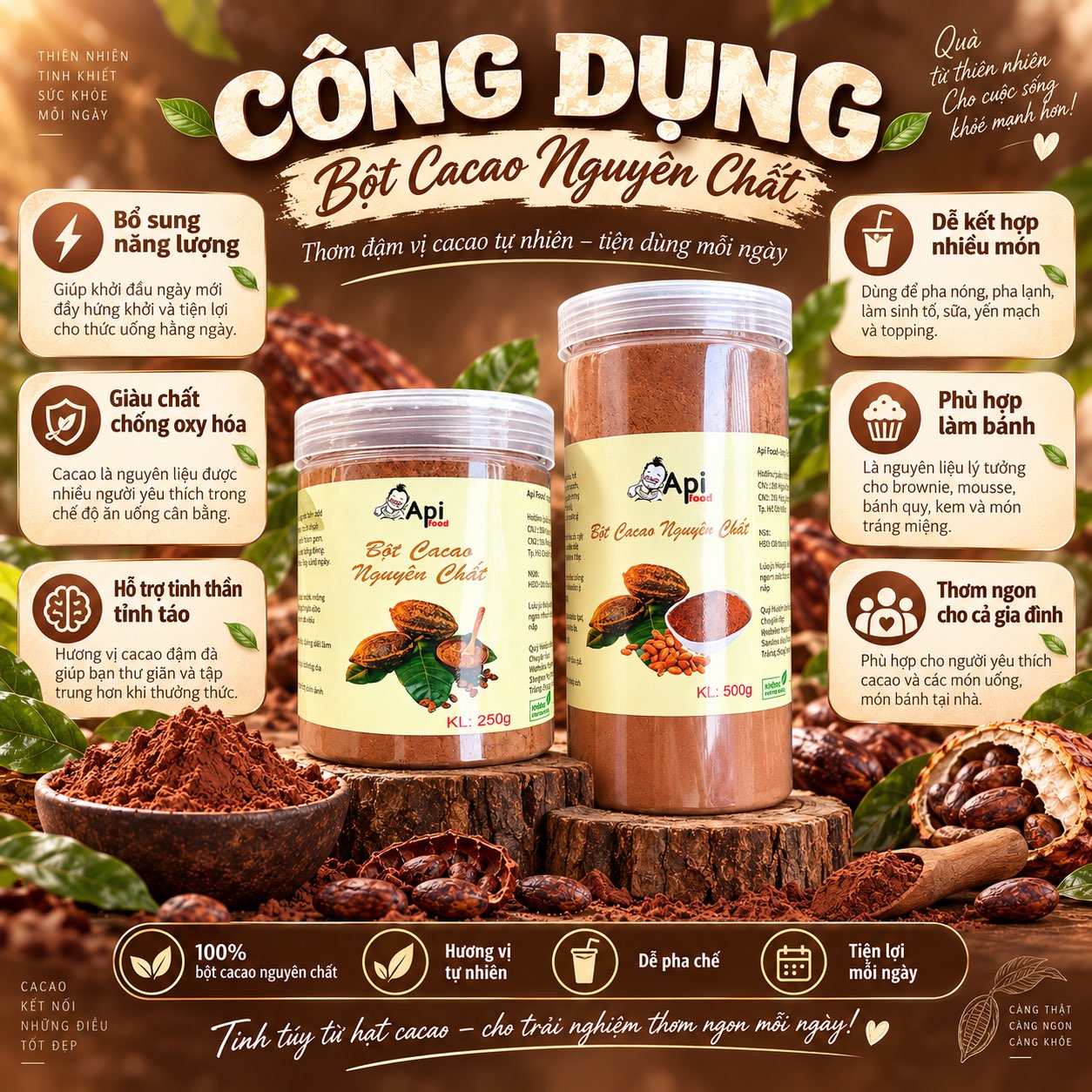 Bột Cacao Nguyên Chất 100% Không Pha Bột - Đặc Sản Tây Nguyên - Hỗ Trợ Đẹp Da, Giữ Dáng
