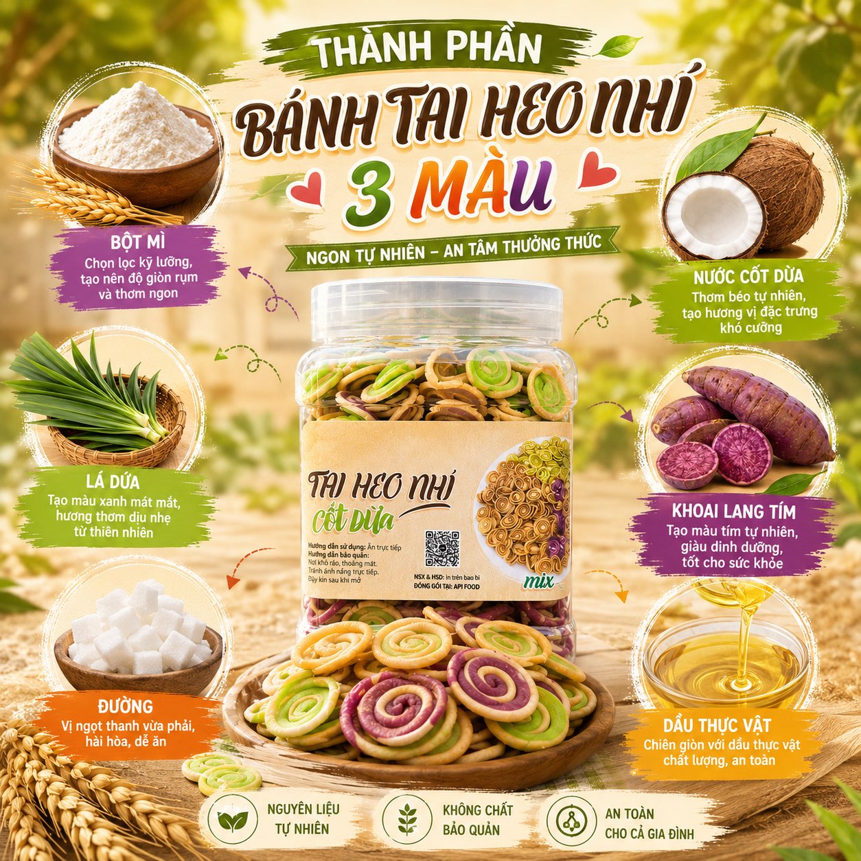 Bánh Tai Heo Nhí Cốt Dừa Mix 3 Vị 400gr