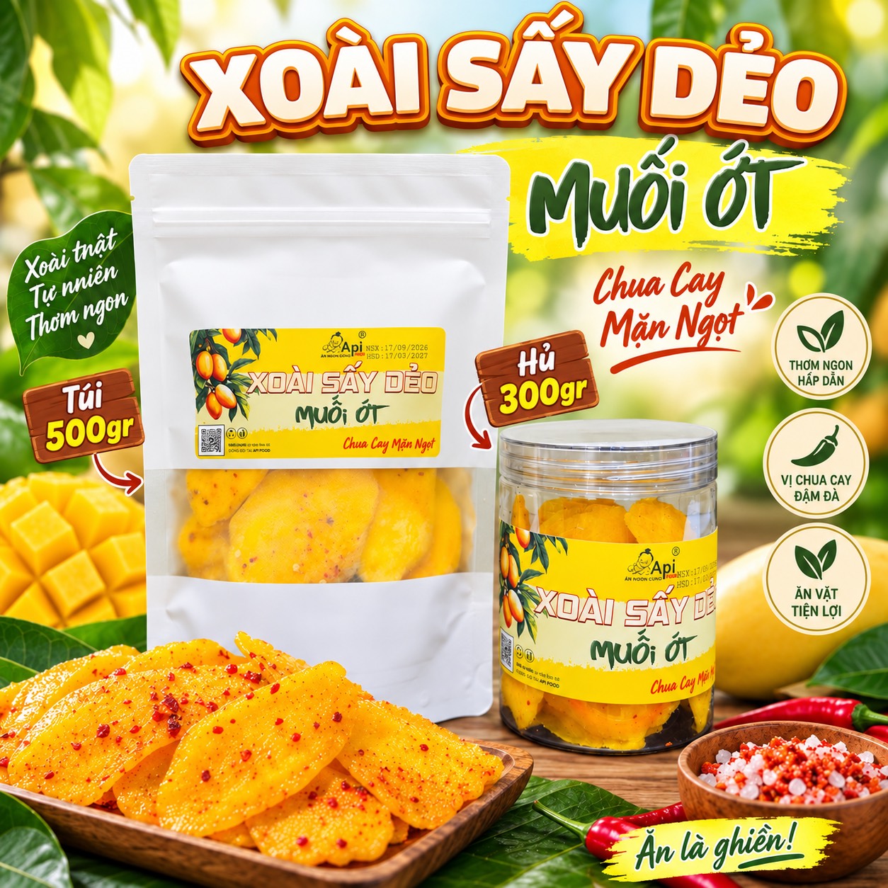 Xoài Sấy Dẻo Muối Ớt Chua Cay Mặn Ngọt Api Food ( Hàng Xuất Khẩu )