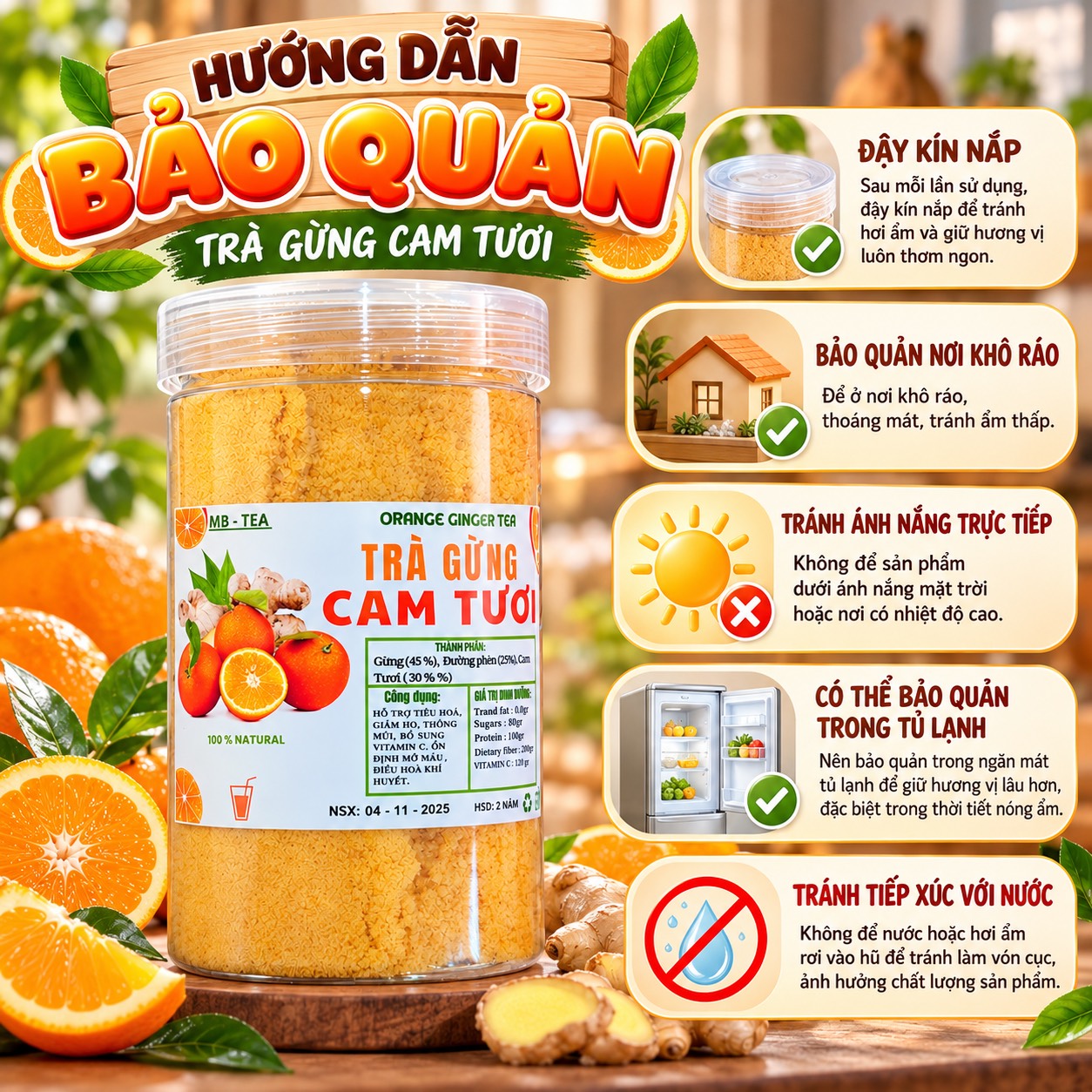 Trà Gừng Hoà Tan Vị Cam Tươi 500gr
