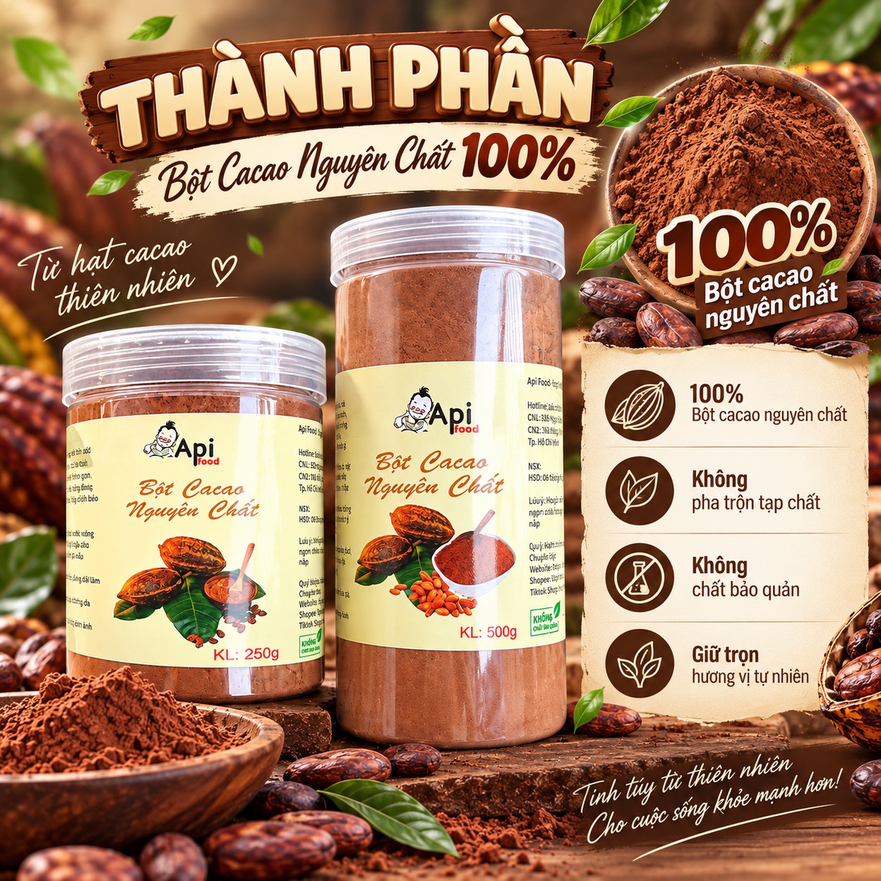 Bột Cacao Nguyên Chất 100% Không Pha Bột - Đặc Sản Tây Nguyên - Hỗ Trợ Đẹp Da, Giữ Dáng