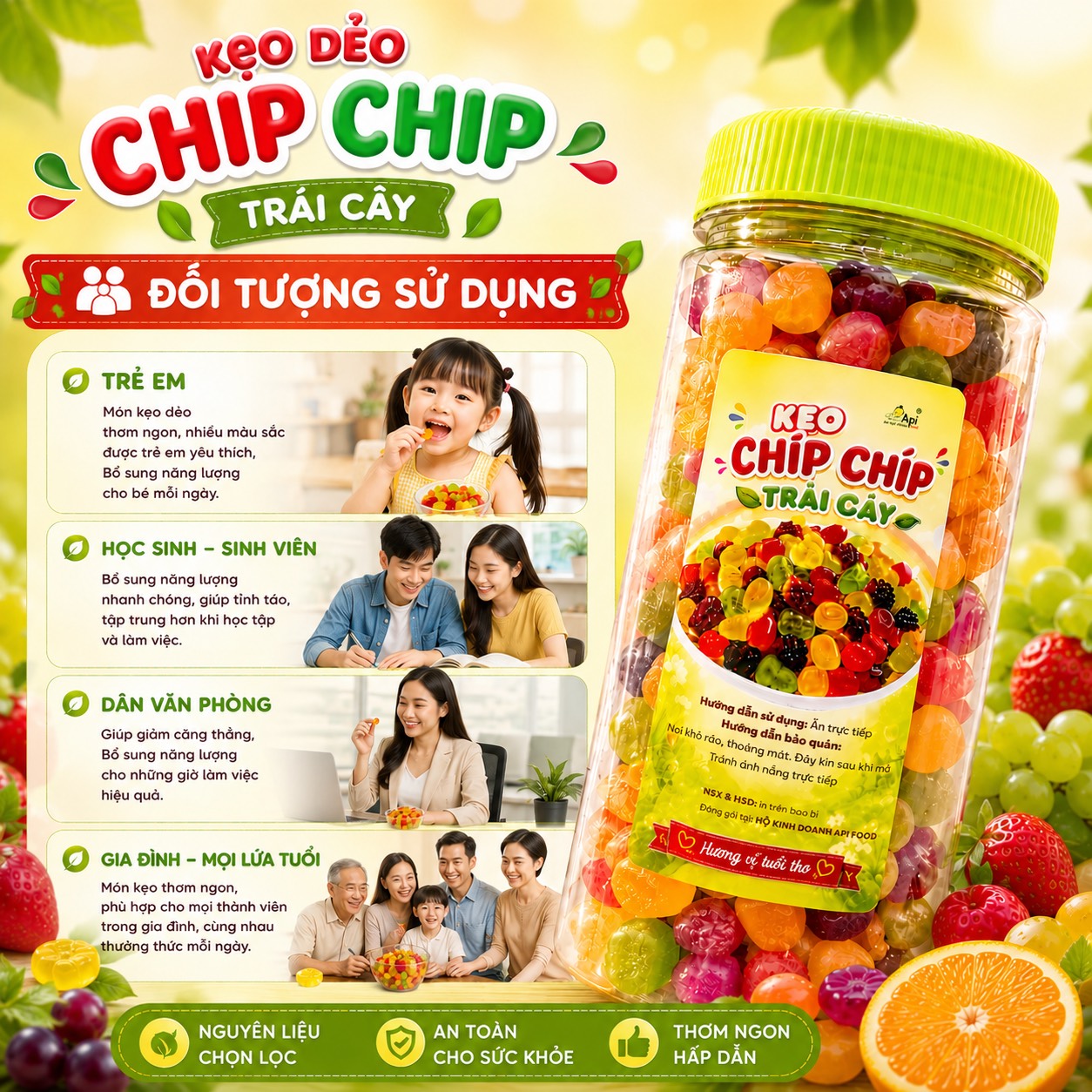 Kẹo Dẻo Chip Chip Hương Vị Trái Cây Tổng Hợp, Dẻo Dai Ngọt Thanh 500gr