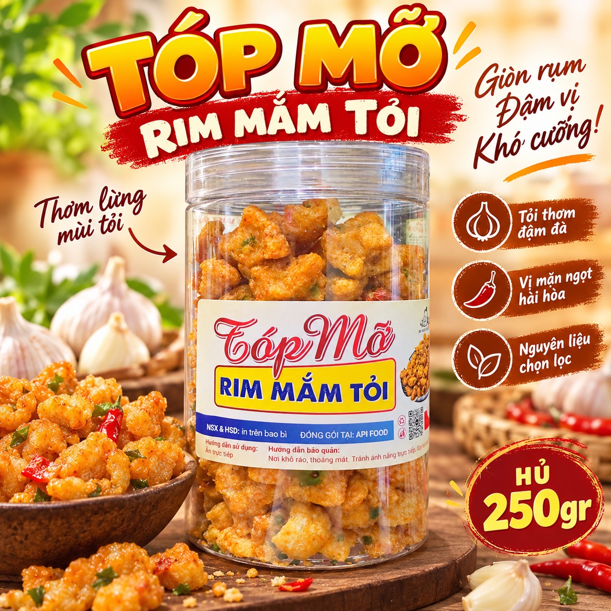 Tóp Mỡ Rim Mắm Tỏi 250gr - Giòn Rùm Rụm Ăn Là Ghiền