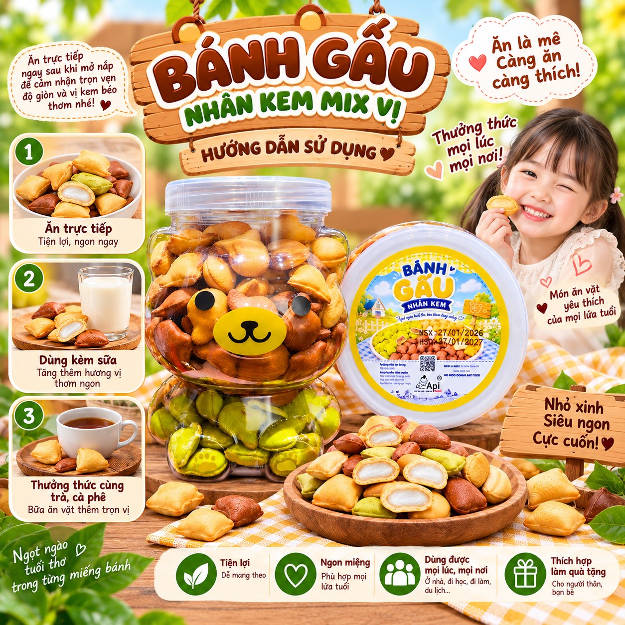 Bánh Gấu Nhân Kem Mix Vị 500gr – Ăn Là Mê, Càng Ăn Càng Thích