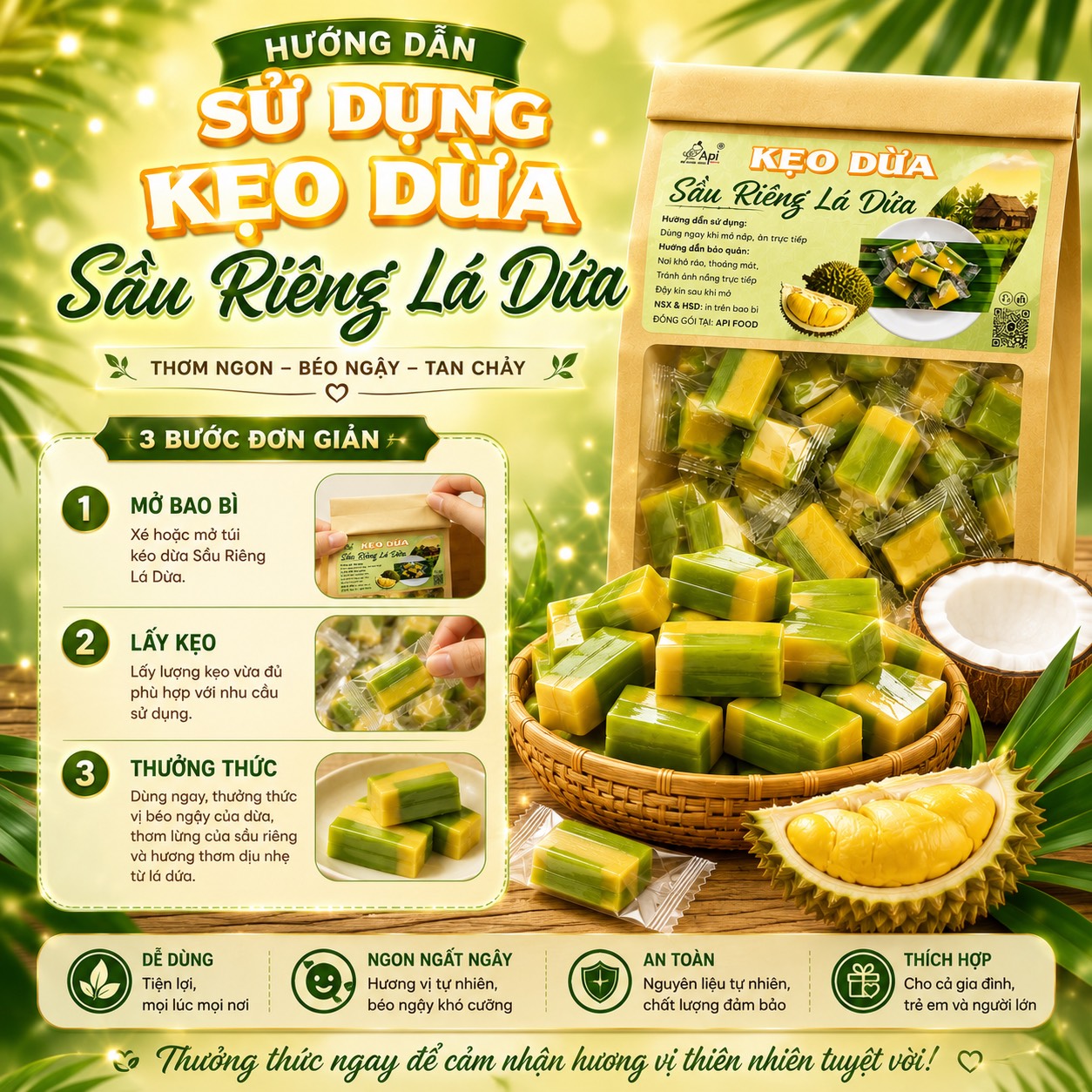 Kẹo Dừa Sầu Riêng Lá Dứa 500gr - Đặc Sản Miền Tây