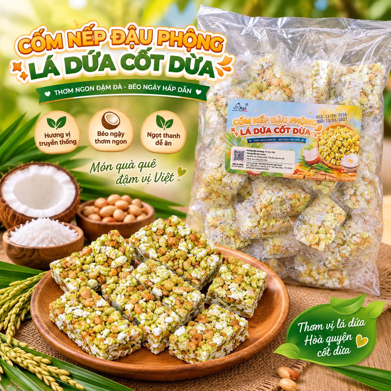 Cốm Nếp Đậu Phộng Lá Dứa Cốt Dừa 500gr