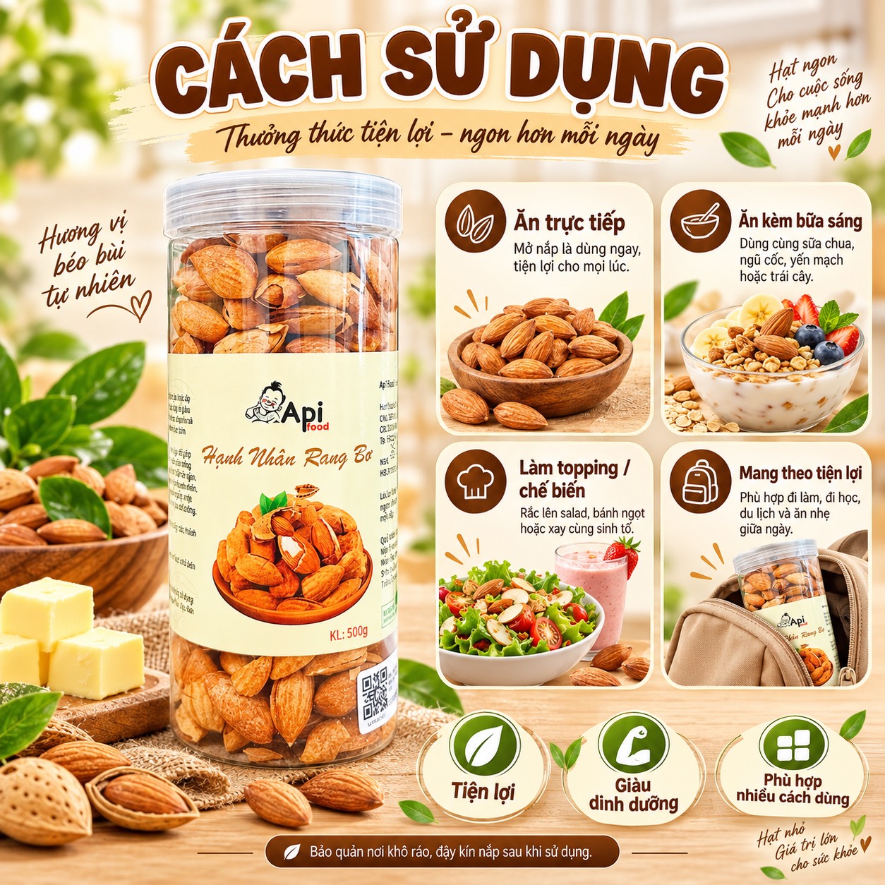 Hạt Hạnh Nhân Rang Bơ Vỏ Mỏng - Giòn Bùi, Thơm Béo, Ăn Là Cuốn