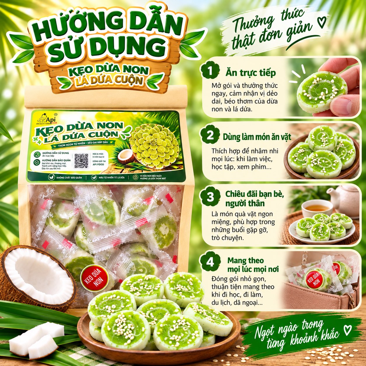 Kẹo Dừa Sáp Non Cuộn Vị Lá Dứa 500gr - Dẻo Mềm, Thơm Ngon Khó Cưỡng