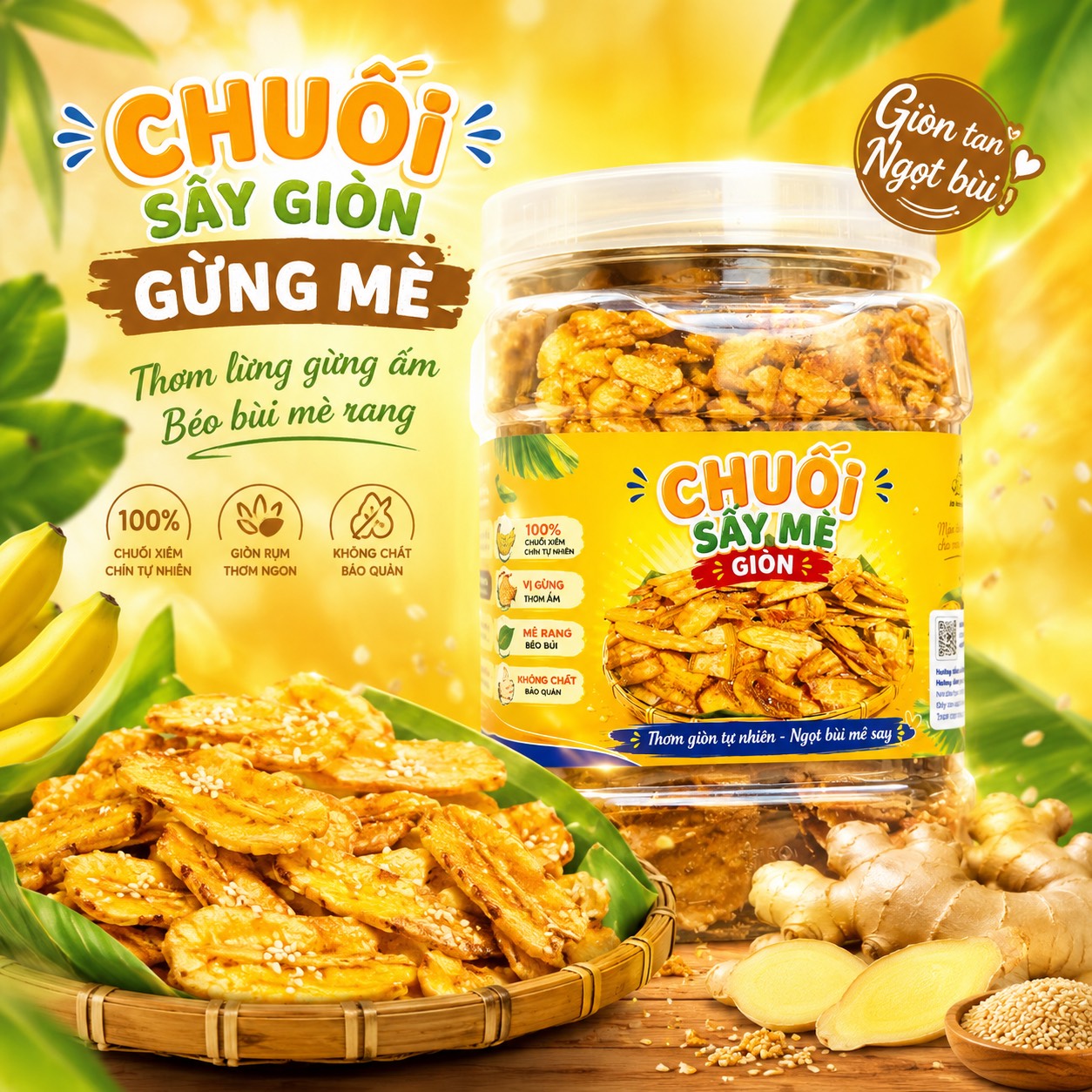 Chuối Sấy Giòn Gừng Mè 400gr