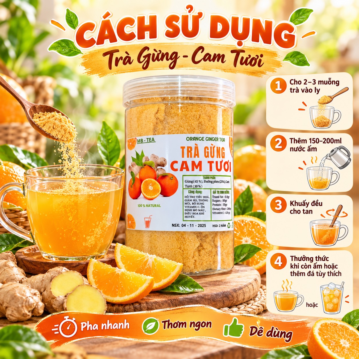 Trà Gừng Hoà Tan Vị Cam Tươi 500gr