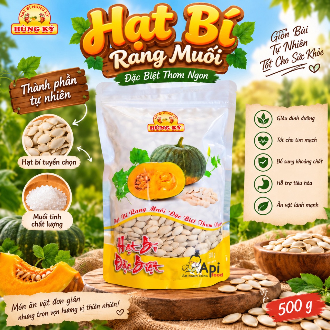 Hạt Bí Rang Muối Hùng Ký 500gr - Thơm Ngơn, Béo Ngậy (Loại Đặc Biệt)