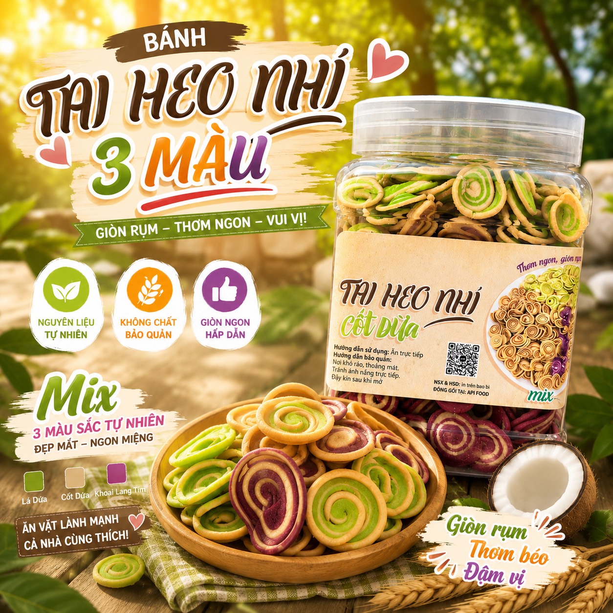Bánh Tai Heo Nhí Cốt Dừa Mix 3 Vị 400gr