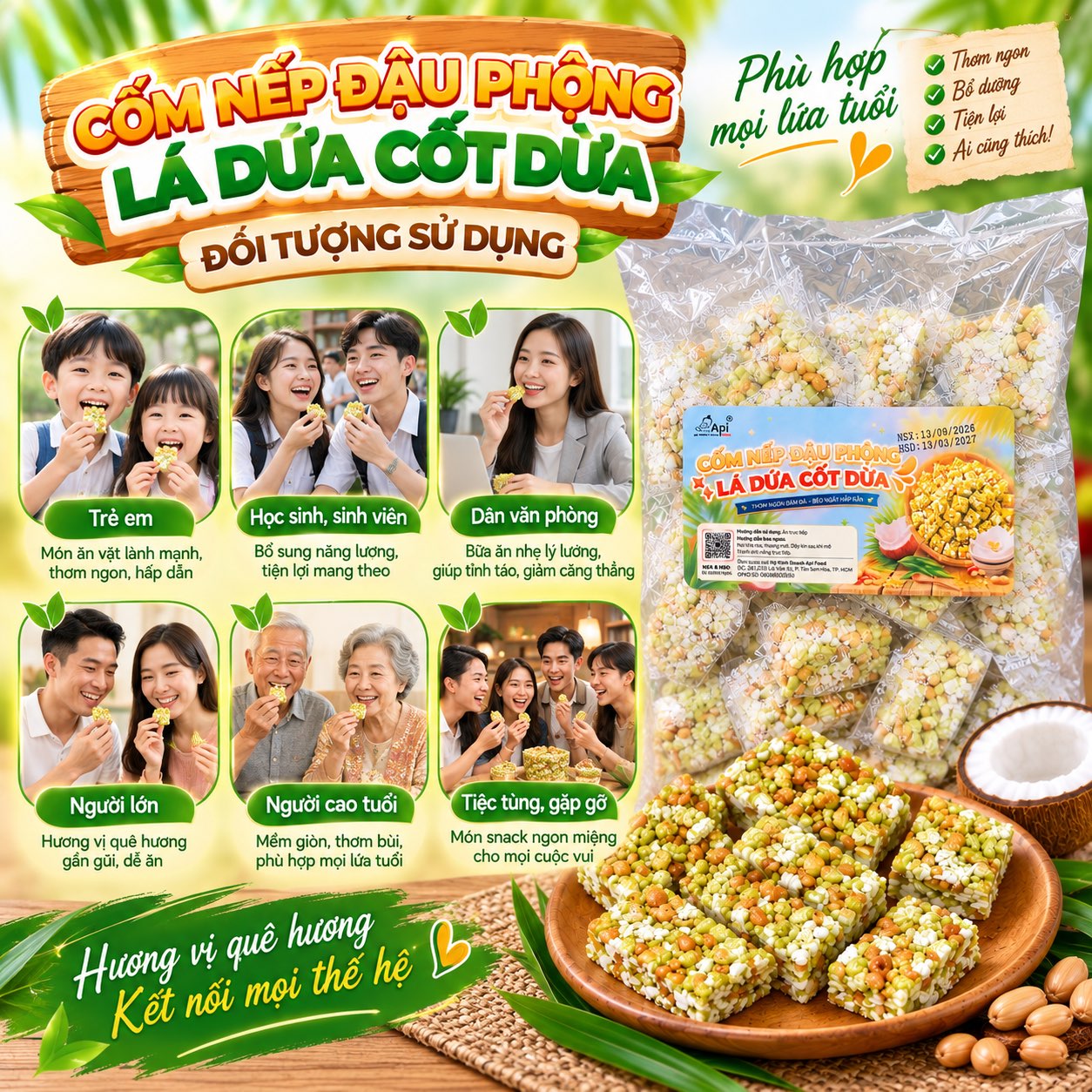 Cốm Nếp Đậu Phộng Lá Dứa Cốt Dừa 500gr