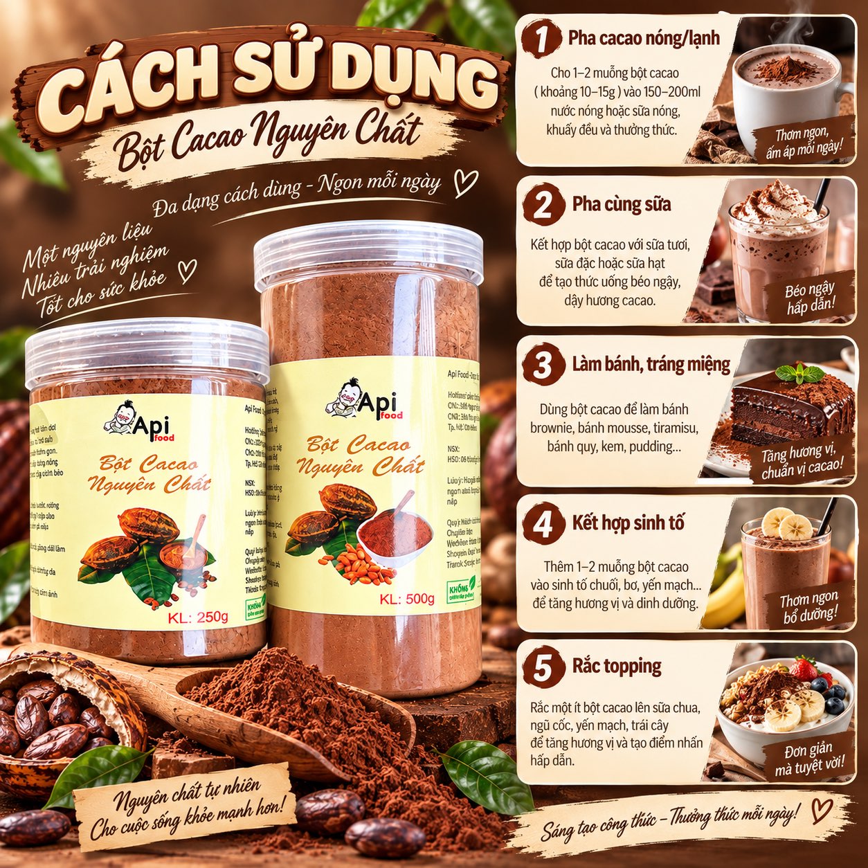 Bột Cacao Nguyên Chất 100% Không Pha Bột - Đặc Sản Tây Nguyên - Hỗ Trợ Đẹp Da, Giữ Dáng