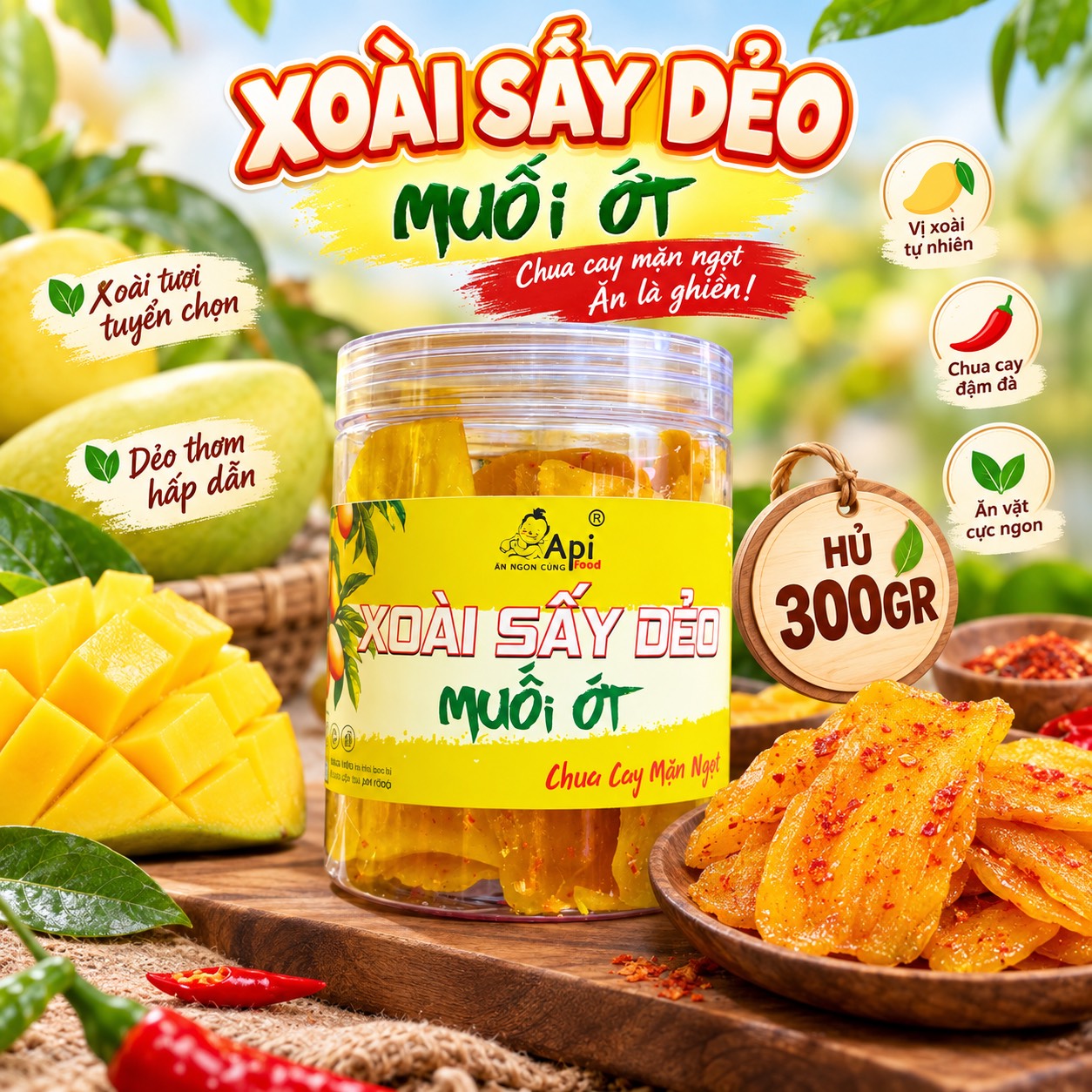 Xoài Sấy Dẻo Muối Ớt Chua Cay Mặn Ngọt Api Food ( Hàng Xuất Khẩu )