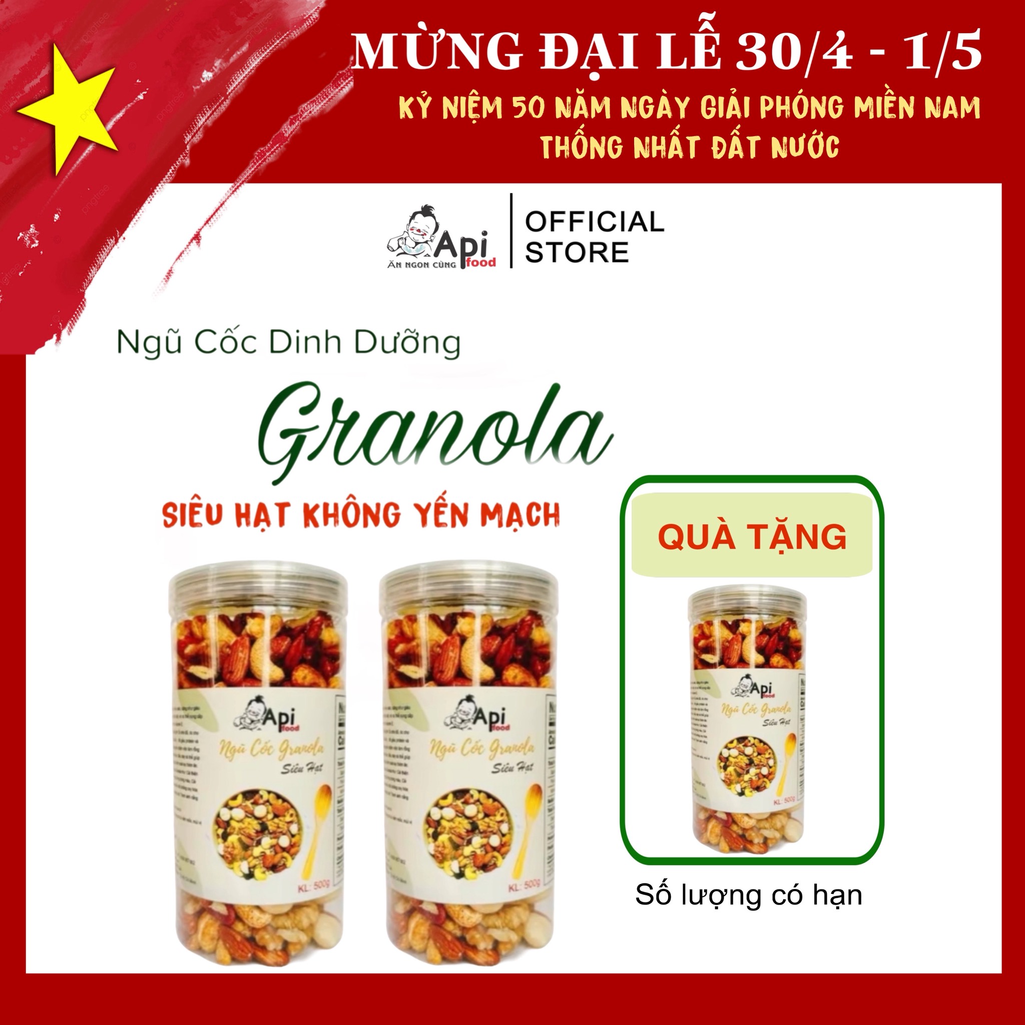 [ COMBO 2 TẶNG 1 ] Ngũ Cốc Granola KHÔNG YẾN MẠCH NƯỚNG MẬT Api Food - 20 HẠT MACCA (Macca, Hạnh Nhân, Óc Chó Vàng, Óc Chó Đỏ, Hạt Điều) Food Thức Ăn Hạt Ngũ Cốc