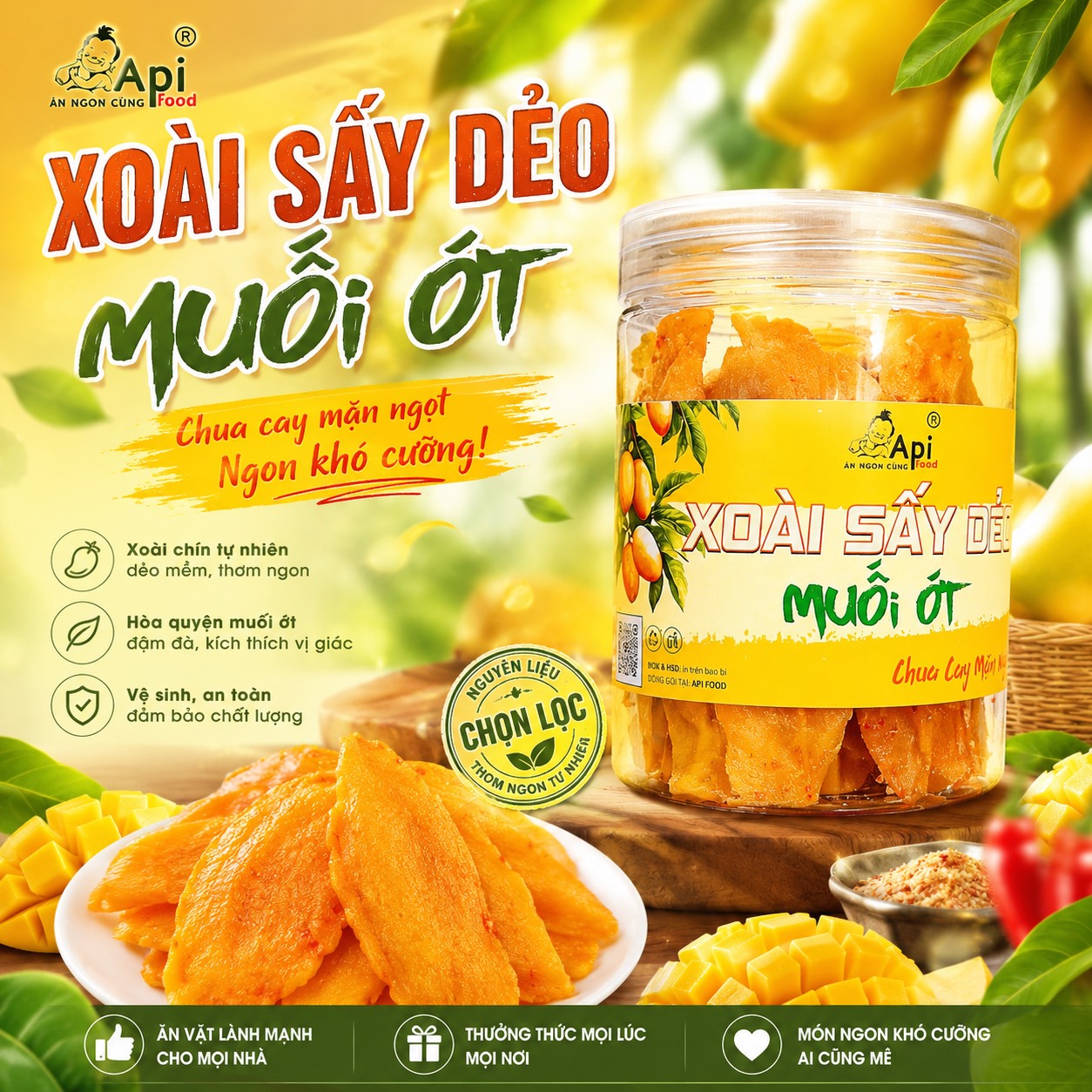 Xoài Sấy Dẻo Muối Ớt Chua Cay Mặn Ngọt Api Food ( Hàng Xuất Khẩu )
