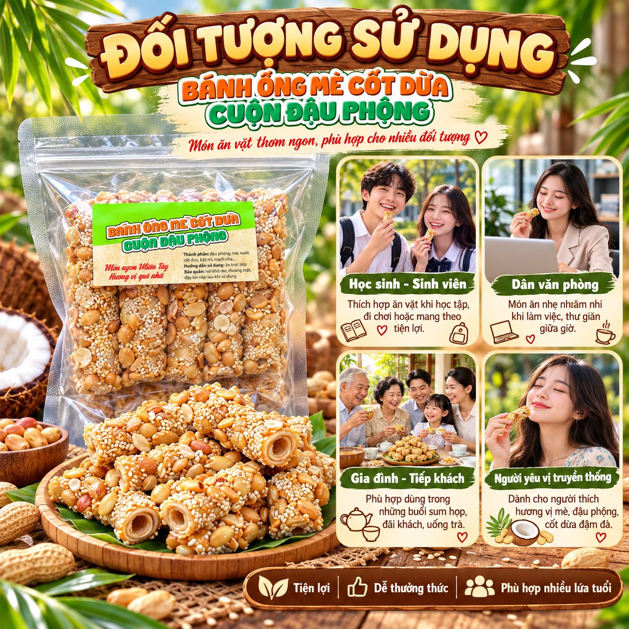 Bánh Ống Mè Cốt Dừa Cuộn Đậu Phộng