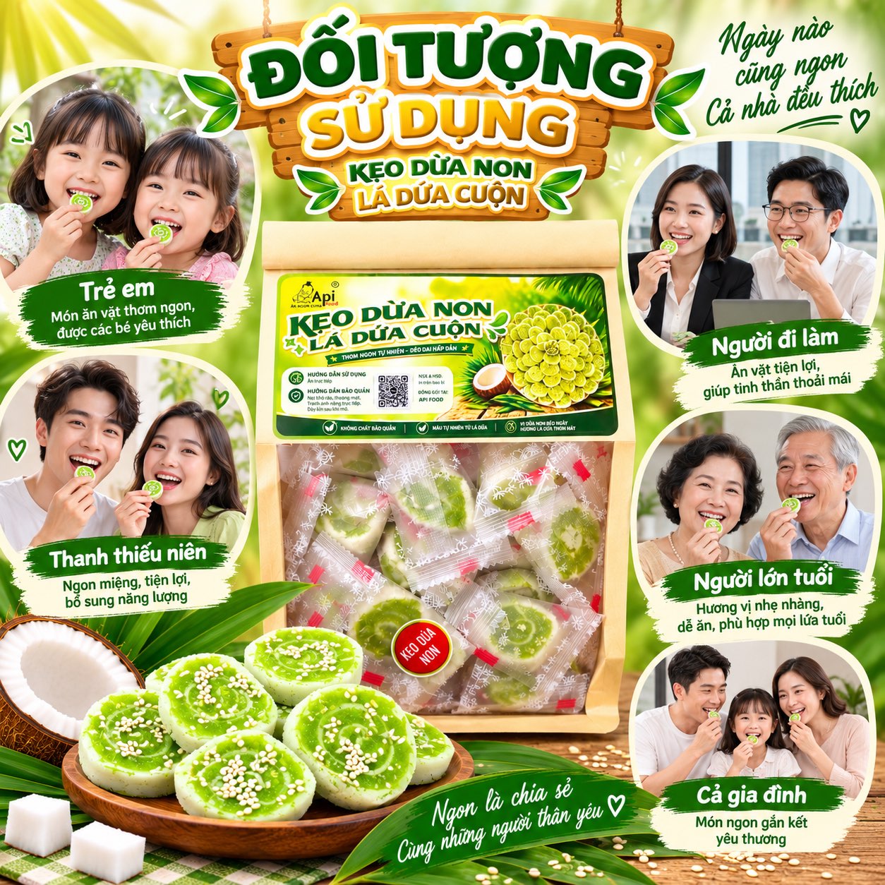 Kẹo Dừa Sáp Non Cuộn Vị Lá Dứa 500gr - Dẻo Mềm, Thơm Ngon Khó Cưỡng