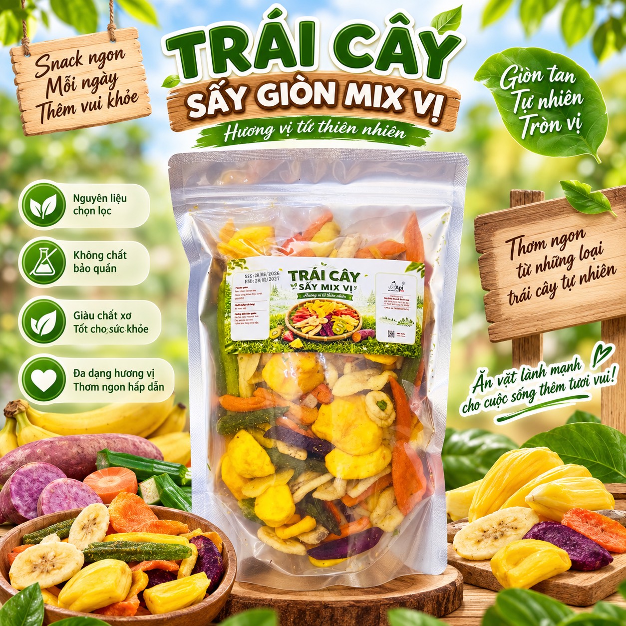 Trái Cây Sấy Giòn Mix Vị 500gr - Giòn Rụm, Đa Dạng Hương Vị