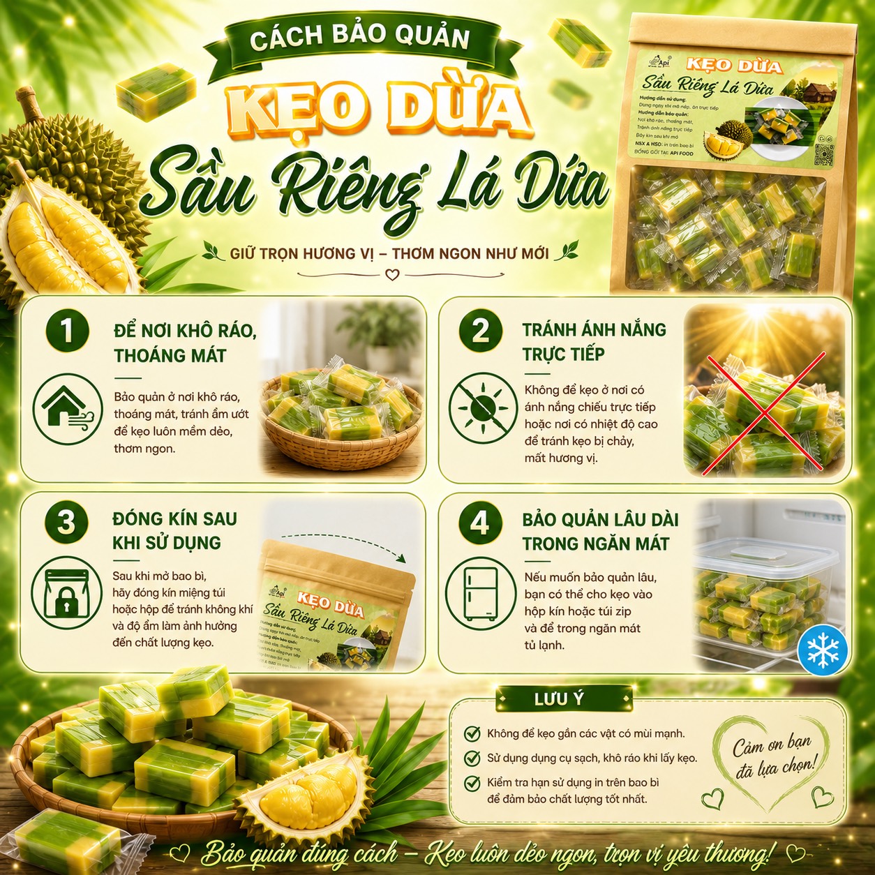 Kẹo Dừa Sầu Riêng Lá Dứa 500gr - Đặc Sản Miền Tây