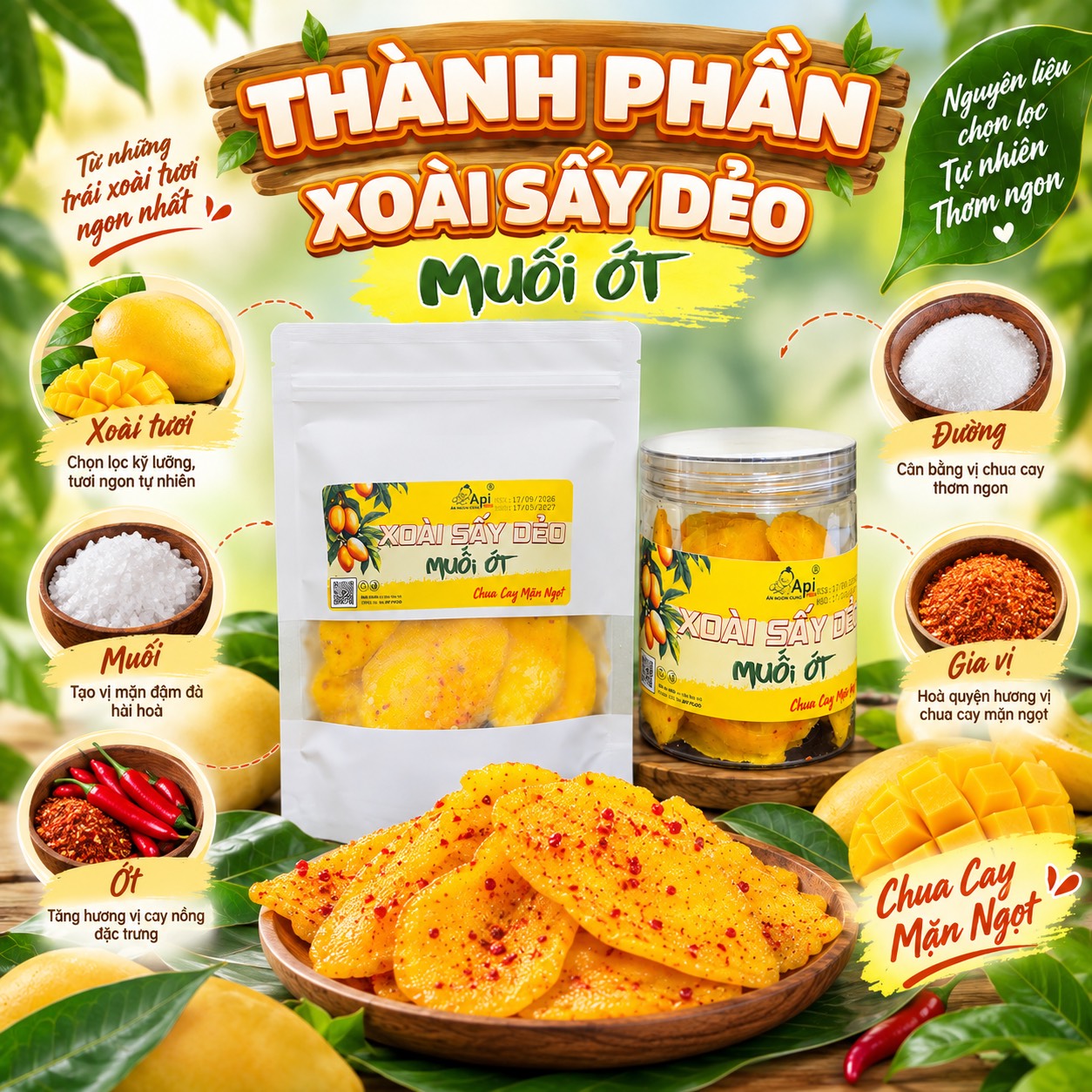 Xoài Sấy Dẻo Muối Ớt Chua Cay Mặn Ngọt Api Food ( Hàng Xuất Khẩu )