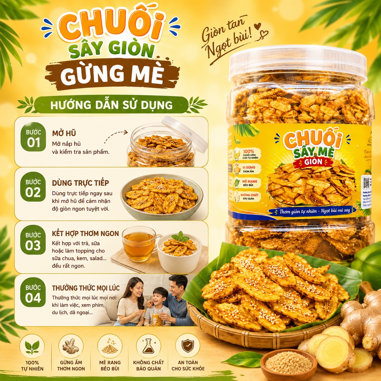 Chuối Sấy Giòn Gừng Mè 400gr