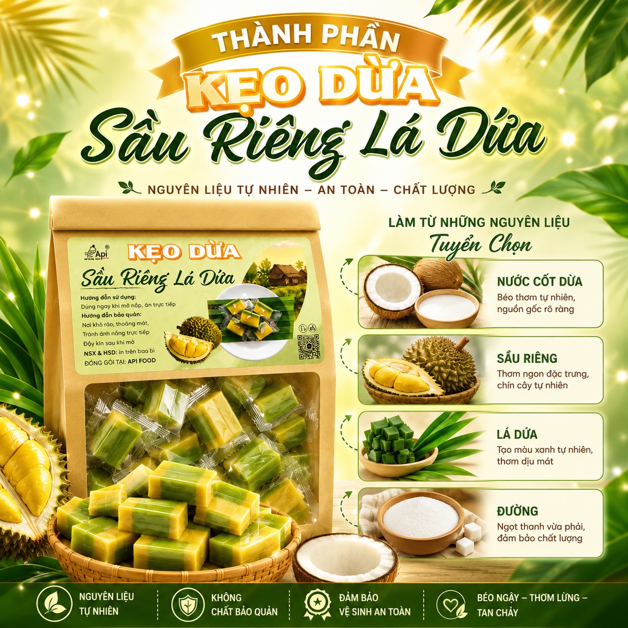 Kẹo Dừa Sầu Riêng Lá Dứa 500gr - Đặc Sản Miền Tây
