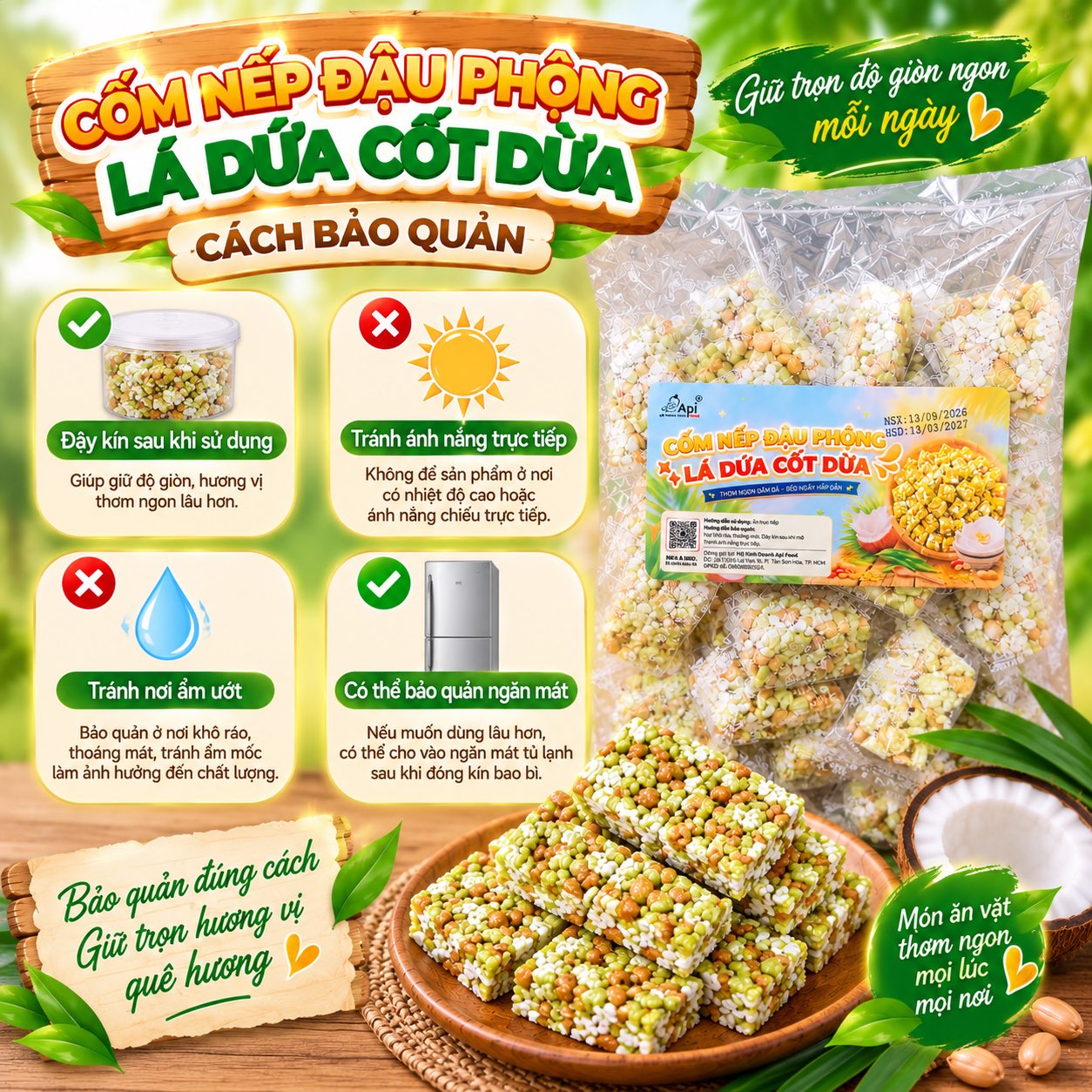 Cốm Nếp Đậu Phộng Lá Dứa Cốt Dừa 500gr