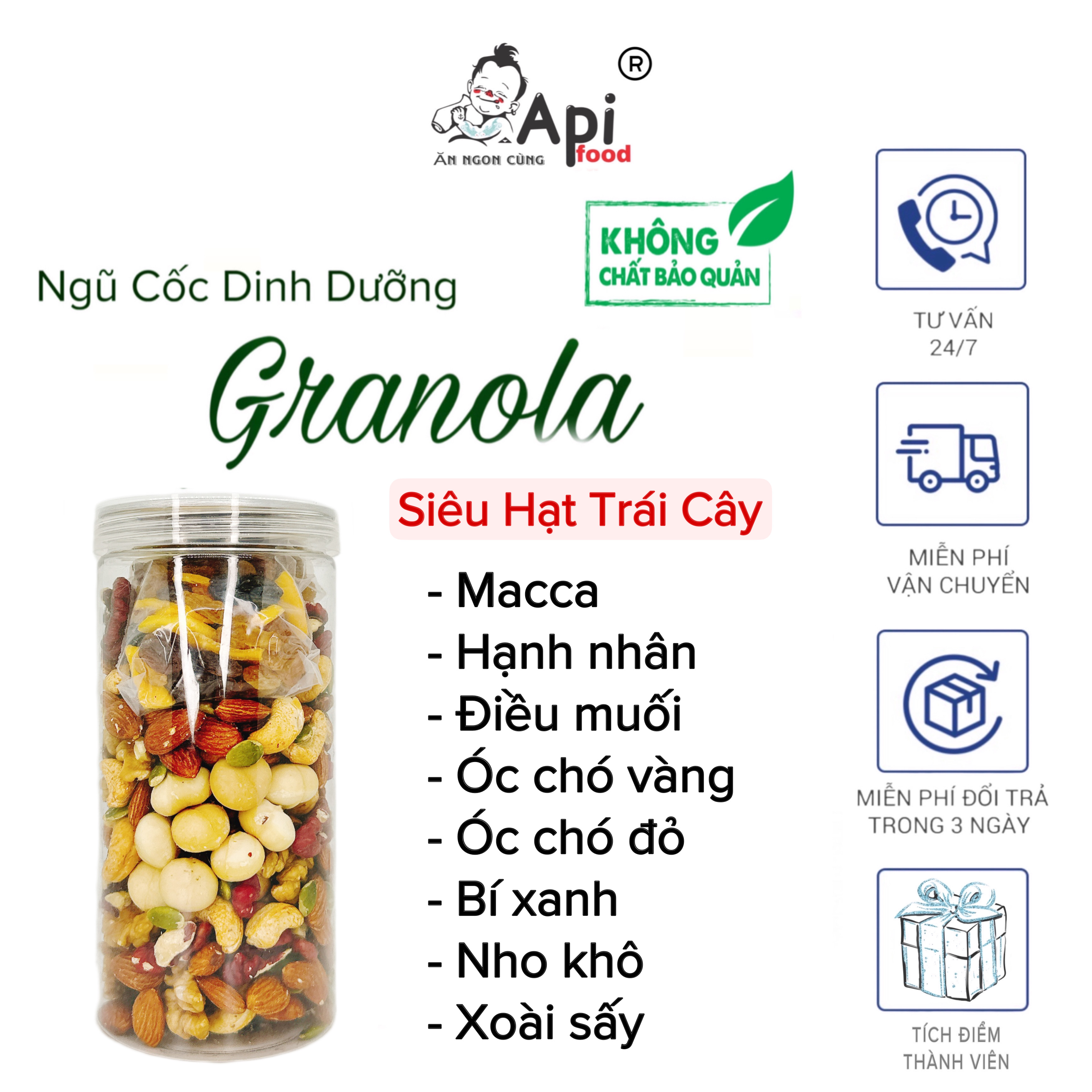 [ COMBO 2 HỘP ] Ngũ Cốc Granola KHÔNG YẾN MẠCH Api Food - 9 HẠT MACCA - NHO & XOÀI (Macca, Hạnh Nhân, Óc Chó Vàng, Óc Chó Đỏ, Hạt Điều Sữa, Hạt Bí, Nho Khô, Xoài Sấy) Food Thức Ăn Hạt Ngũ Cốc