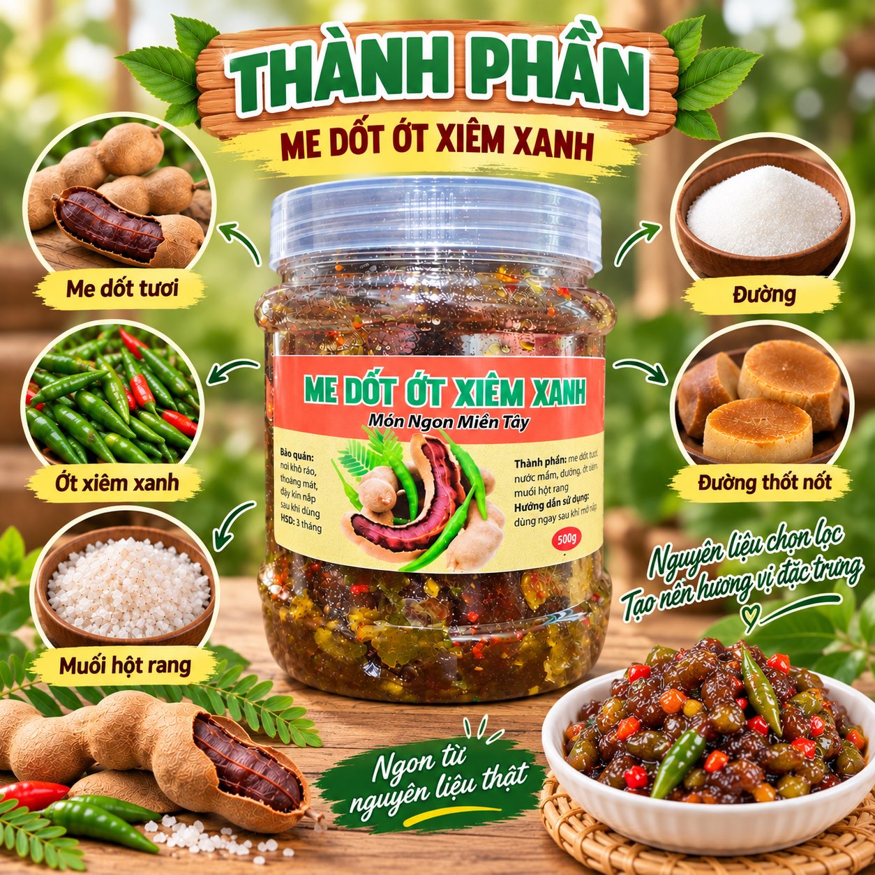 Me Dốt Ớt Xiêm Xanh Chua Cay Mặn Ngọt 500gr