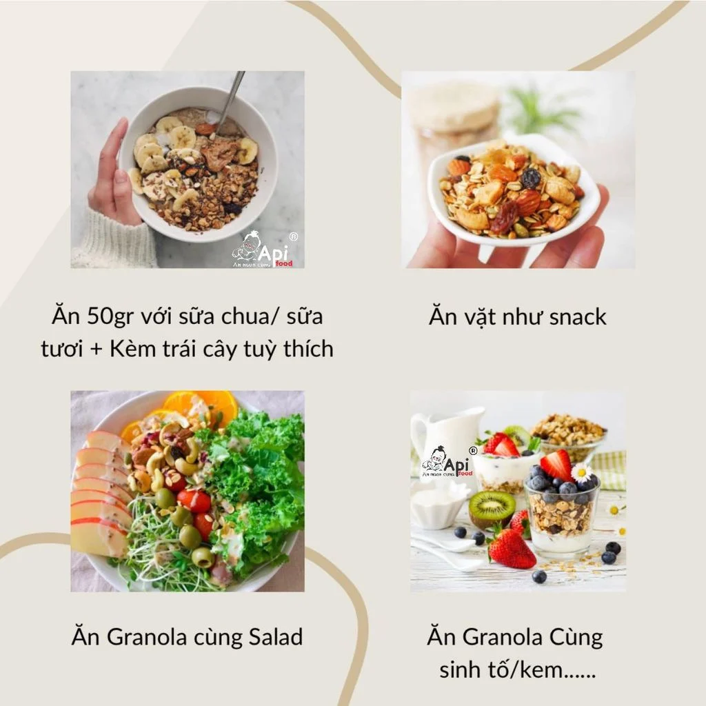 [ COMBO 3 TẶNG 1 ] Ngũ Cốc Granola KHÔNG YẾN MẠCH Api Food - 9 HẠT MACCA - NHO & XOÀI (Macca, Hạnh Nhân, Óc Chó Vàng, Óc Chó Đỏ, Hạt Điều rang muối, Hạt Bí, Nho Khô, Xoài Sấy)