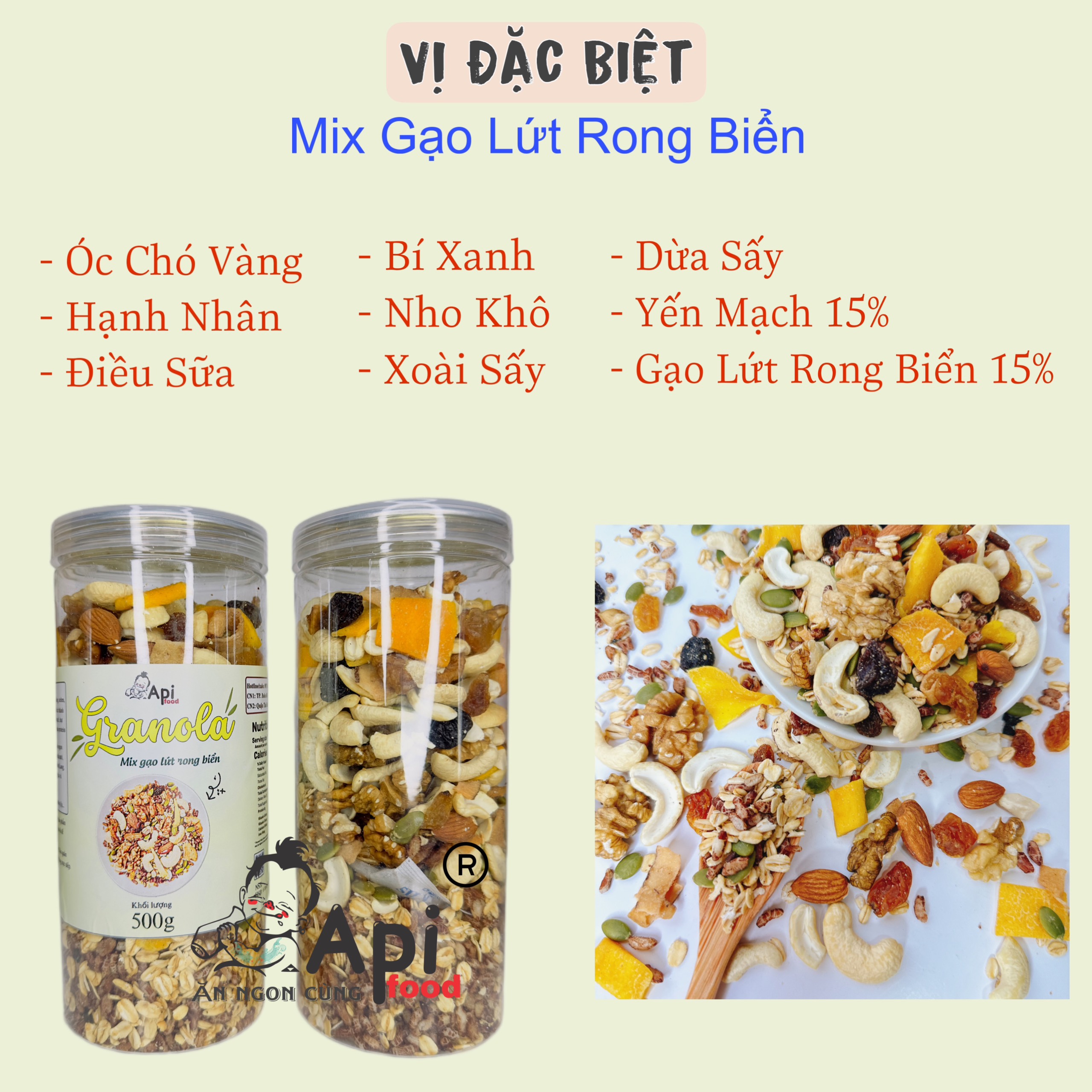 [ COMBO 2 HỘP TẶNG 1 BỘ CHÉN GÁO DỪA ] Ngũ Cốc Dinh Dưỡng Granola 30% Yến Mạch 1KG Api Food - Ngũ Cốc Ăn Kiêng, Hổ Trợ Giảm Cân