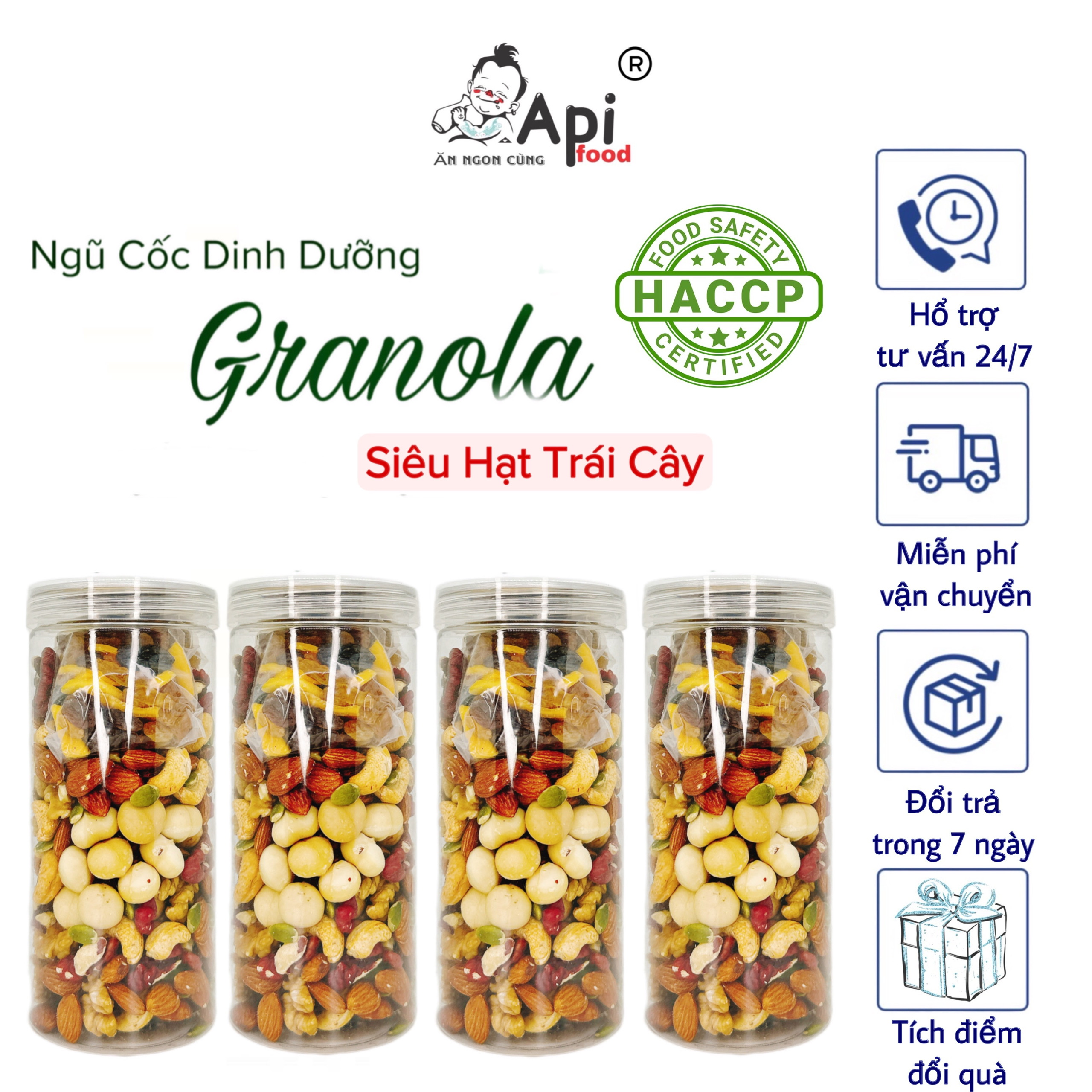 [ COMBO 3 TẶNG 1 ] Ngũ Cốc Granola KHÔNG YẾN MẠCH Api Food - 9 HẠT MACCA - NHO & XOÀI (Macca, Hạnh Nhân, Óc Chó Vàng, Óc Chó Đỏ, Hạt Điều rang muối, Hạt Bí, Nho Khô, Xoài Sấy)