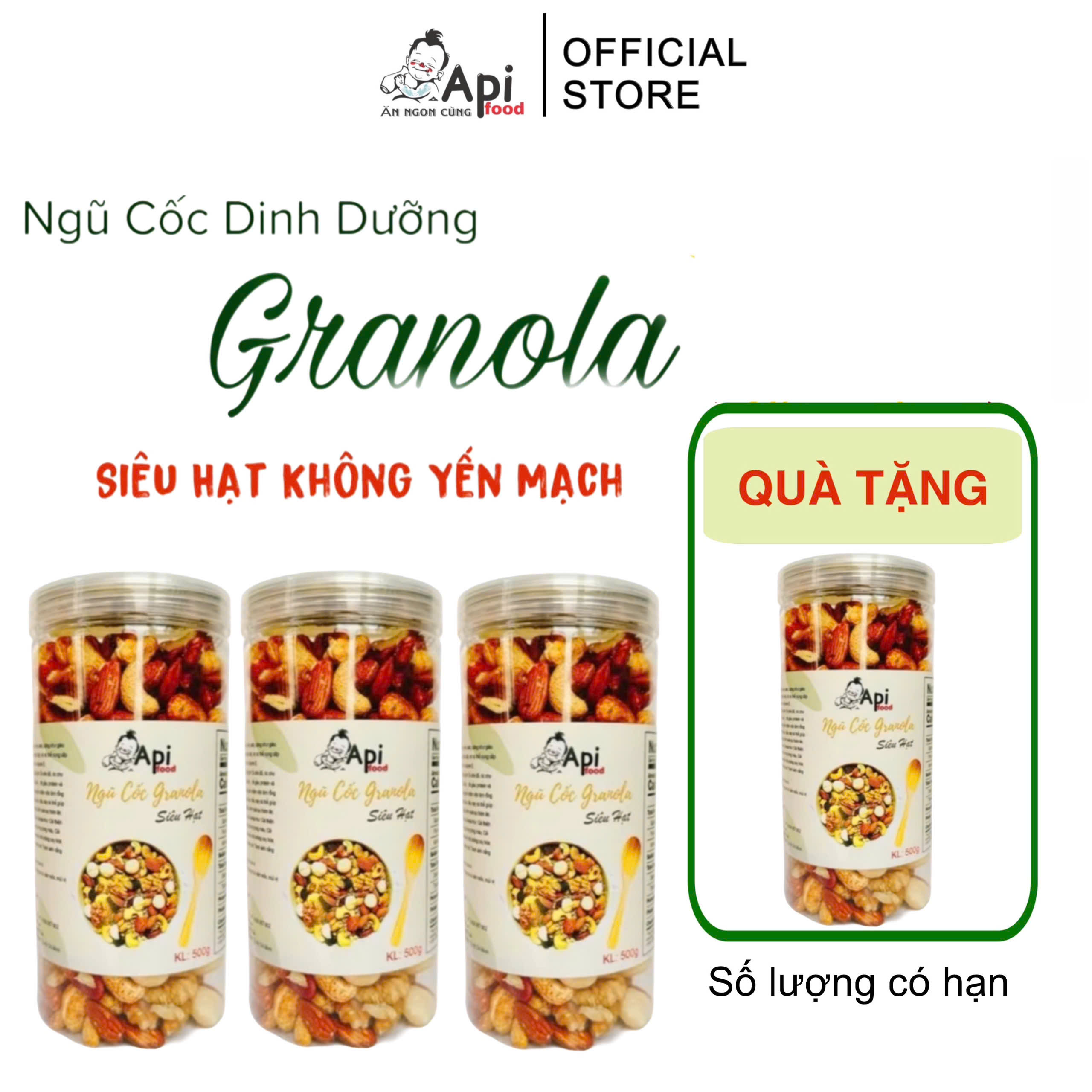 [ COMBO 3 TẶNG 1 ] Ngũ Cốc Granola KHÔNG YẾN MẠCH NƯỚNG MẬT Api Food - 20 HẠT MACCA (Macca, Hạnh Nhân, Óc Chó Vàng, Óc Chó Đỏ, Hạt Điều)