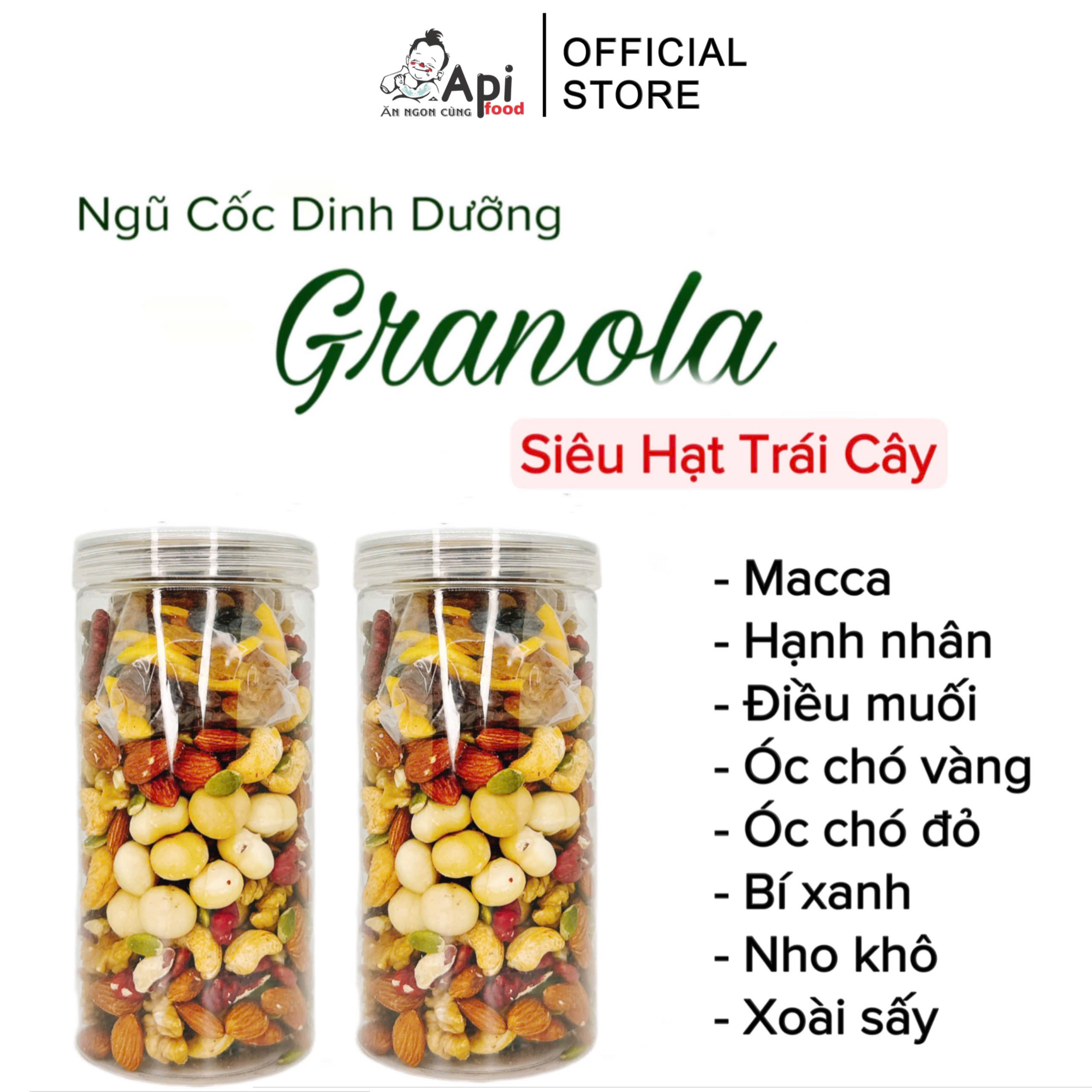 [ COMBO 2 TẶNG 1 ] Ngũ Cốc Granola KHÔNG YẾN MẠCH Api Food - 9 HẠT MACCA - NHO & XOÀI (Macca, Hạnh Nhân, Óc Chó Vàng, Óc Chó Đỏ, Hạt Điều rang muối, Hạt Bí, Nho Khô, Xoài Sấy)