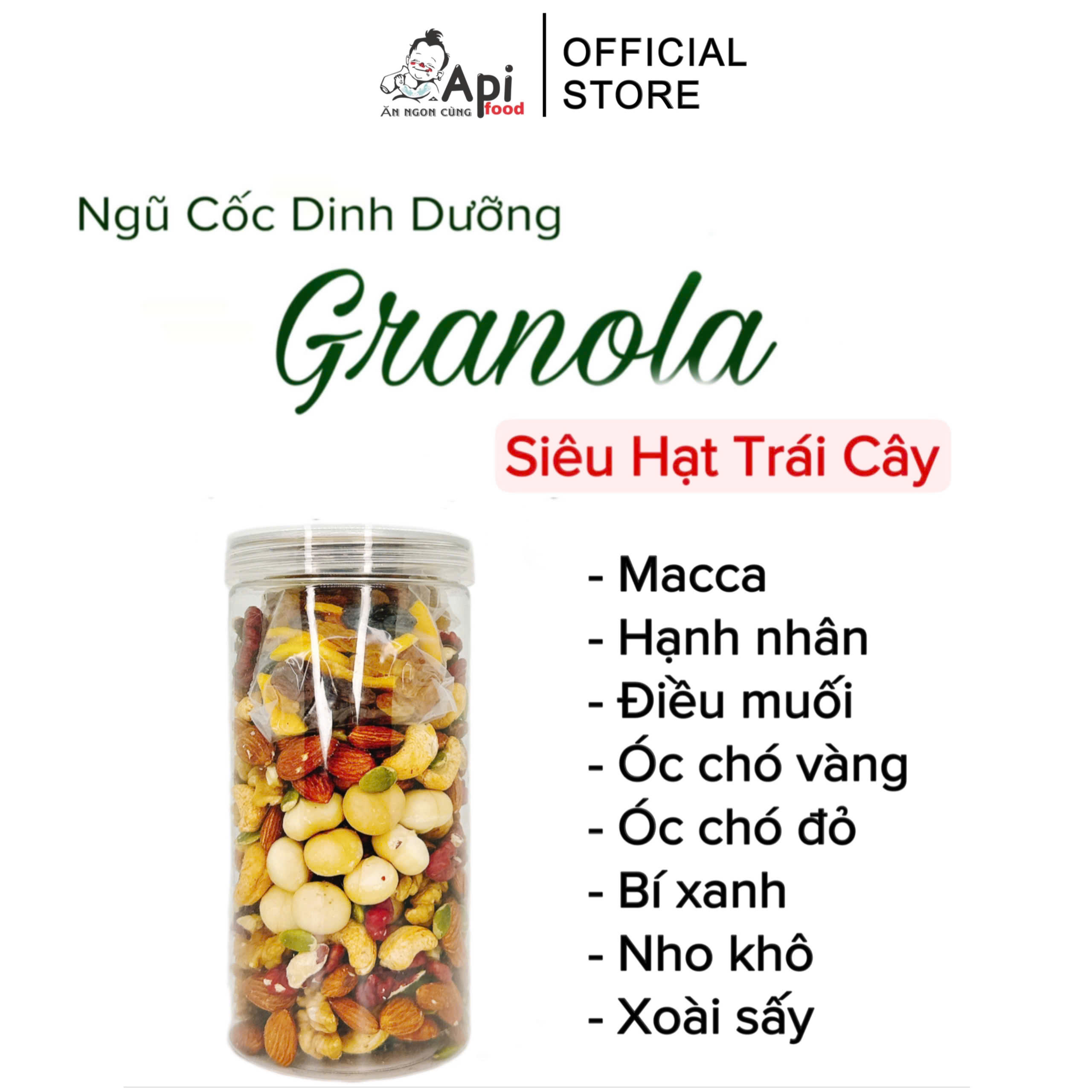 [ COMBO 2 TẶNG 1 ] Ngũ Cốc Granola KHÔNG YẾN MẠCH Api Food - 9 HẠT MACCA - NHO & XOÀI (Macca, Hạnh Nhân, Óc Chó Vàng, Óc Chó Đỏ, Hạt Điều rang muối, Hạt Bí, Nho Khô, Xoài Sấy)