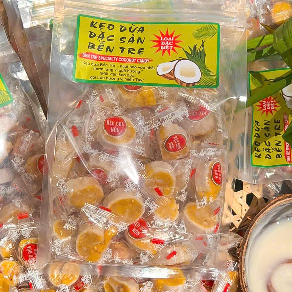 Kẹo Dừa Non Cuộn Sầu Riêng 500gr – Dẻo Mềm Béo Ngậy, Thơm Ngon Tan Chảy Vị Sầu Riêng