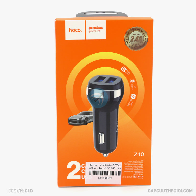 Tẩu sạc nhanh trên Ô TÔ 2 usb A 2.4A HOCO Z40