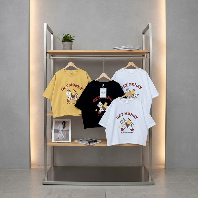 Áo thun QB nữ in chữ GET MONEY hình ngựa hoạt hình form rộng phong cách street style cá tính thời trang B8