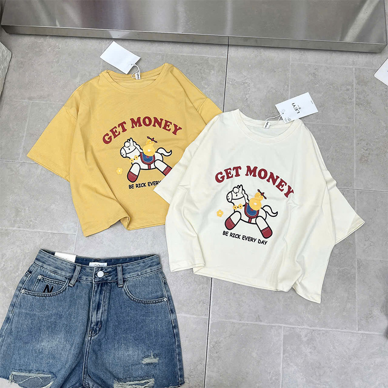 Áo thun QB nữ in chữ GET MONEY hình ngựa hoạt hình form rộng phong cách street style cá tính thời trang B8