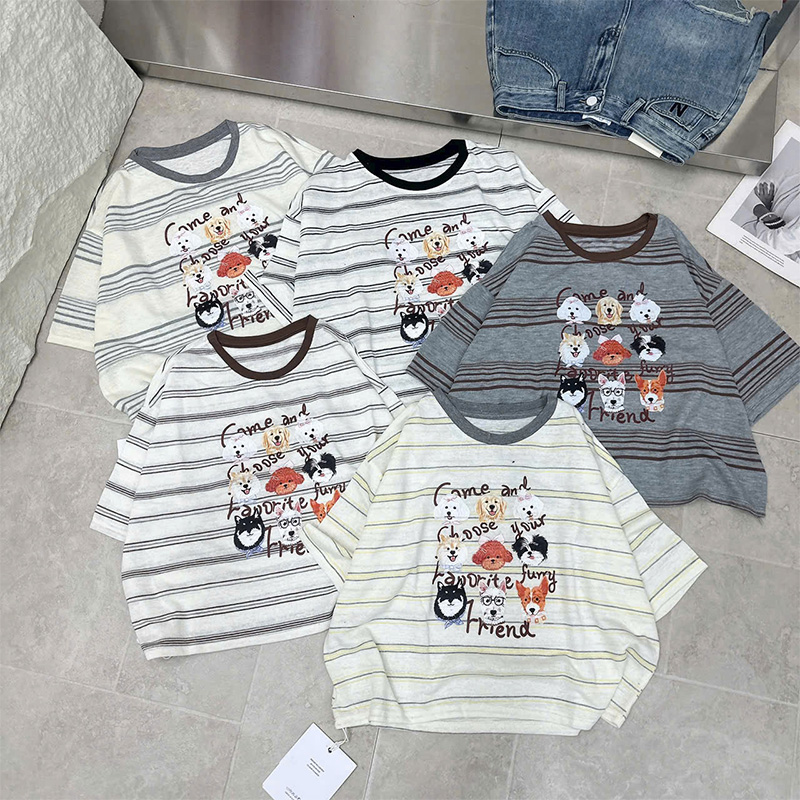 Áo thun QB nữ kẻ sọc in hình thú cưng dễ thương form rộng phong cách đáng yêu trẻ trung B8
