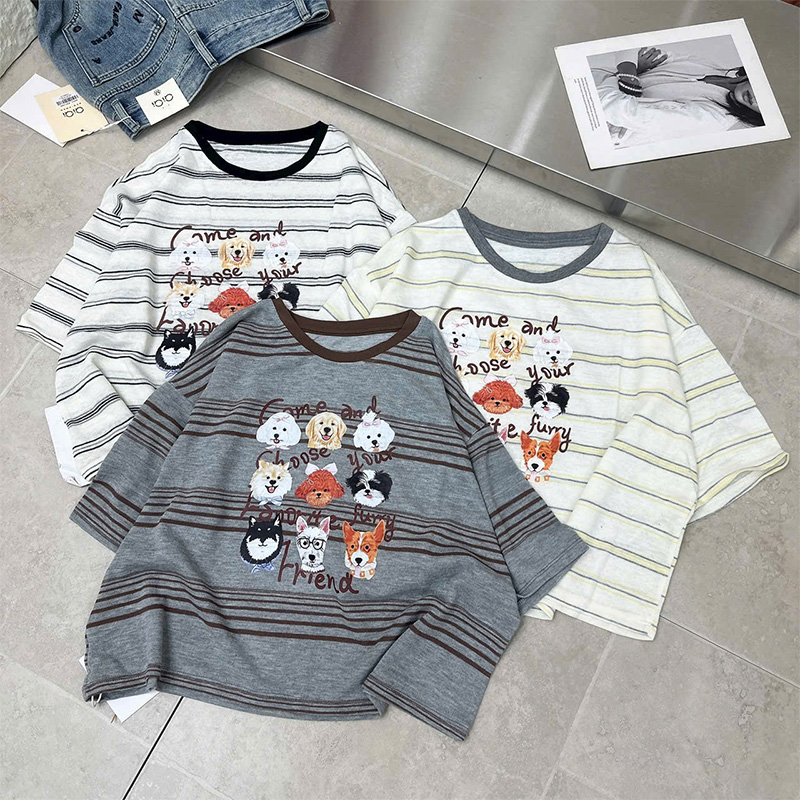 Áo thun QB nữ kẻ sọc in hình thú cưng dễ thương form rộng phong cách đáng yêu trẻ trung B8