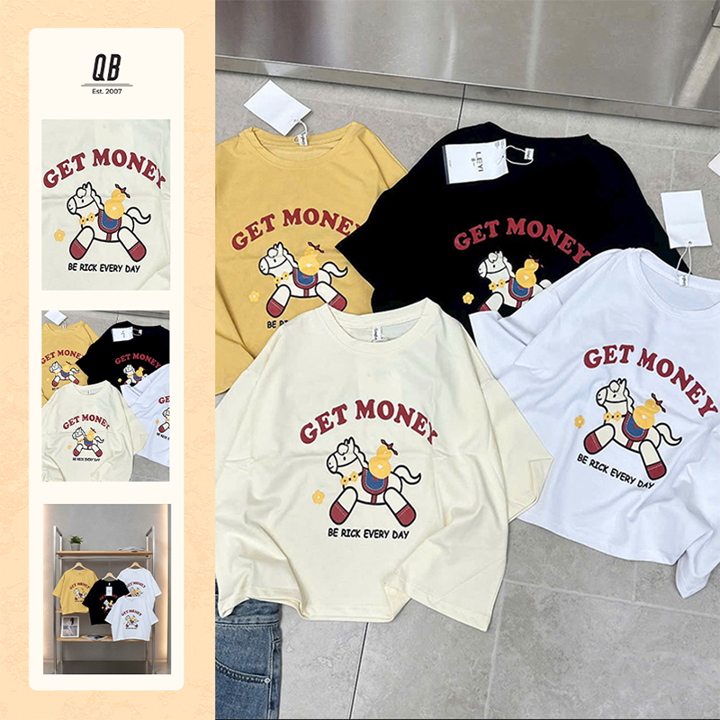 Áo thun QB nữ in chữ GET MONEY hình ngựa hoạt hình form rộng phong cách street style cá tính thời trang B8