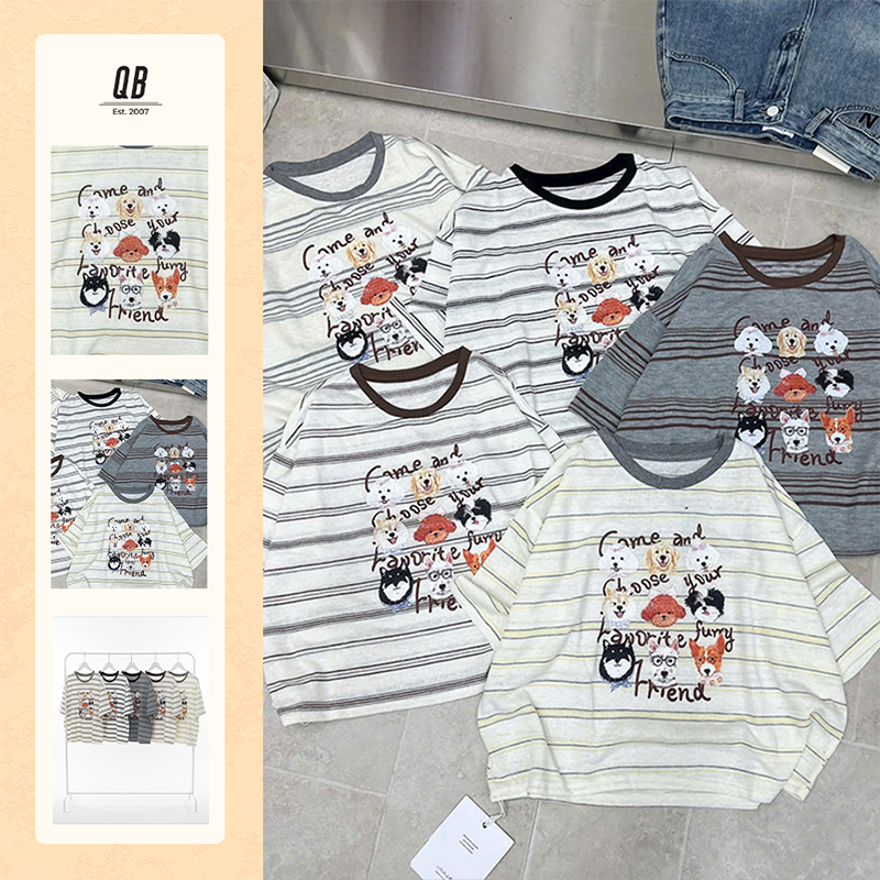 Áo thun QB nữ kẻ sọc in hình thú cưng dễ thương form rộng phong cách đáng yêu trẻ trung B8