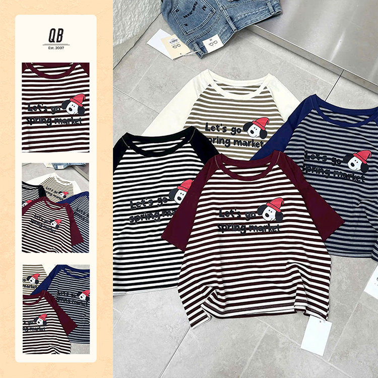 Áo thun QB nữ phối tay phối kẻ sọc form rộng in hình hoạt hình dễ thương phong cách trẻ trung năng động B8
