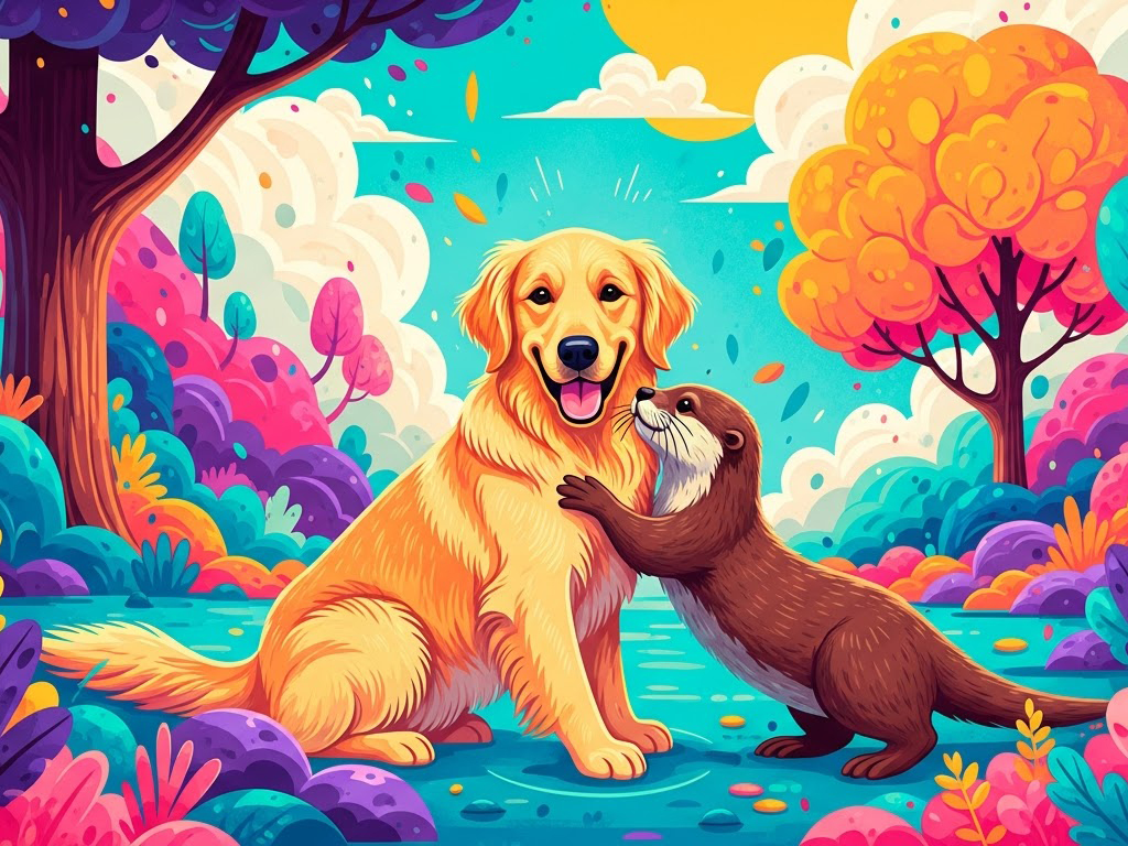 Rái cá đáng yêu cận cảnh nhóc vuốt bé đùa giỡn với chó