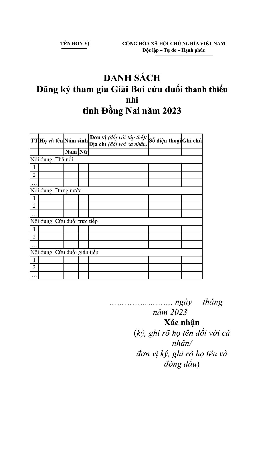 Nội dung đăng ký thi đấu
